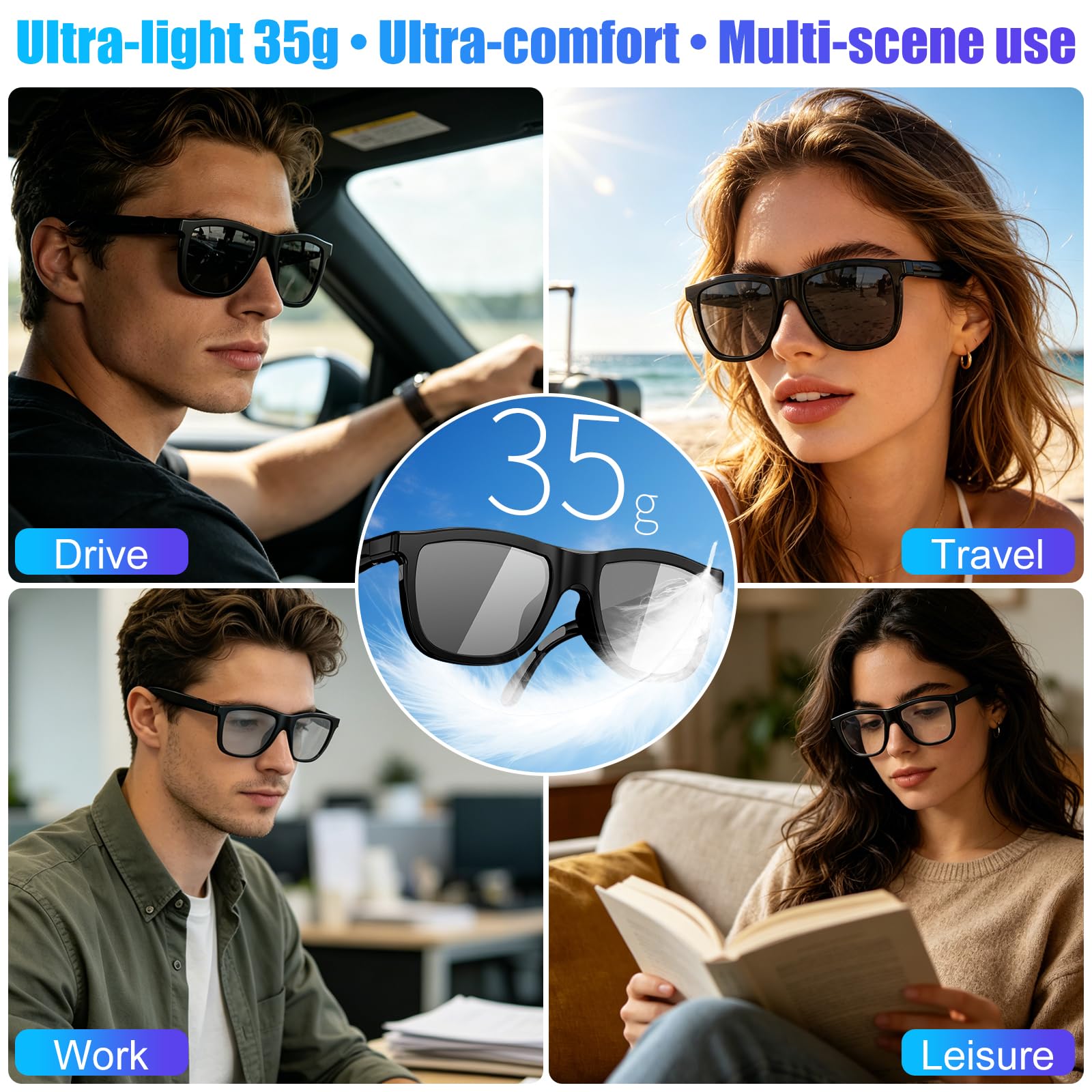 Occhiali intelligenti Bluetooth AI con 60+ lingue, lenti che cambiano colore, altoparlante integrato e controllo musicale HiFi, traduttore vocale in tempo reale per viaggi, riunioni e uso aziendale