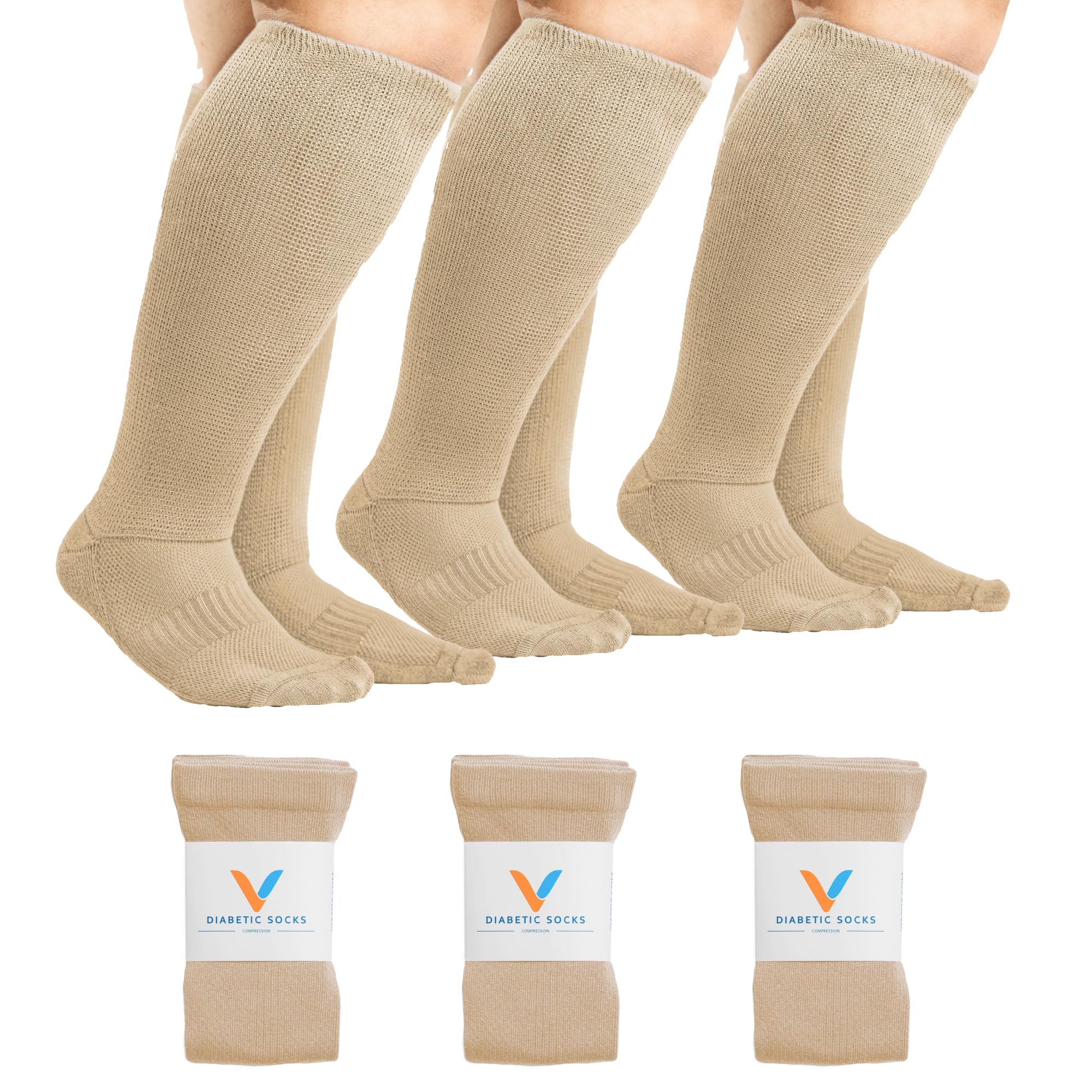 Viasox Tan 3 Pack Compression Socks Women &amp; Men, Circulation Support, 12-15mmHg Neuropathy, L