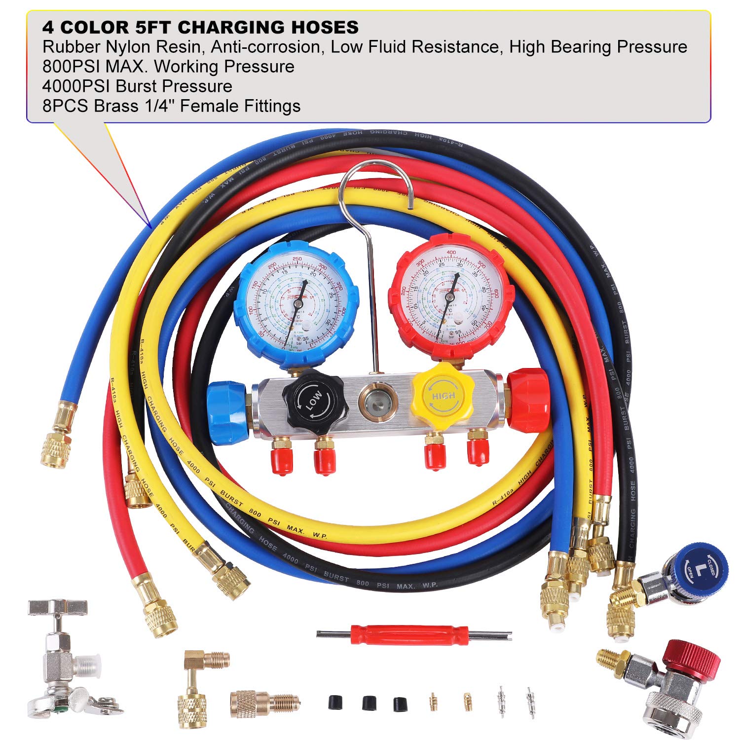 JIFETOR 4 Way AC Manifold Gauge Set, HVAC Diagnostic Refrigerant Charging Tool for Auto Household R404A R134A R410A, with 5FT Hose, Adjustable Quick Coupler, Adjustable Can Tap, Tank Adapters