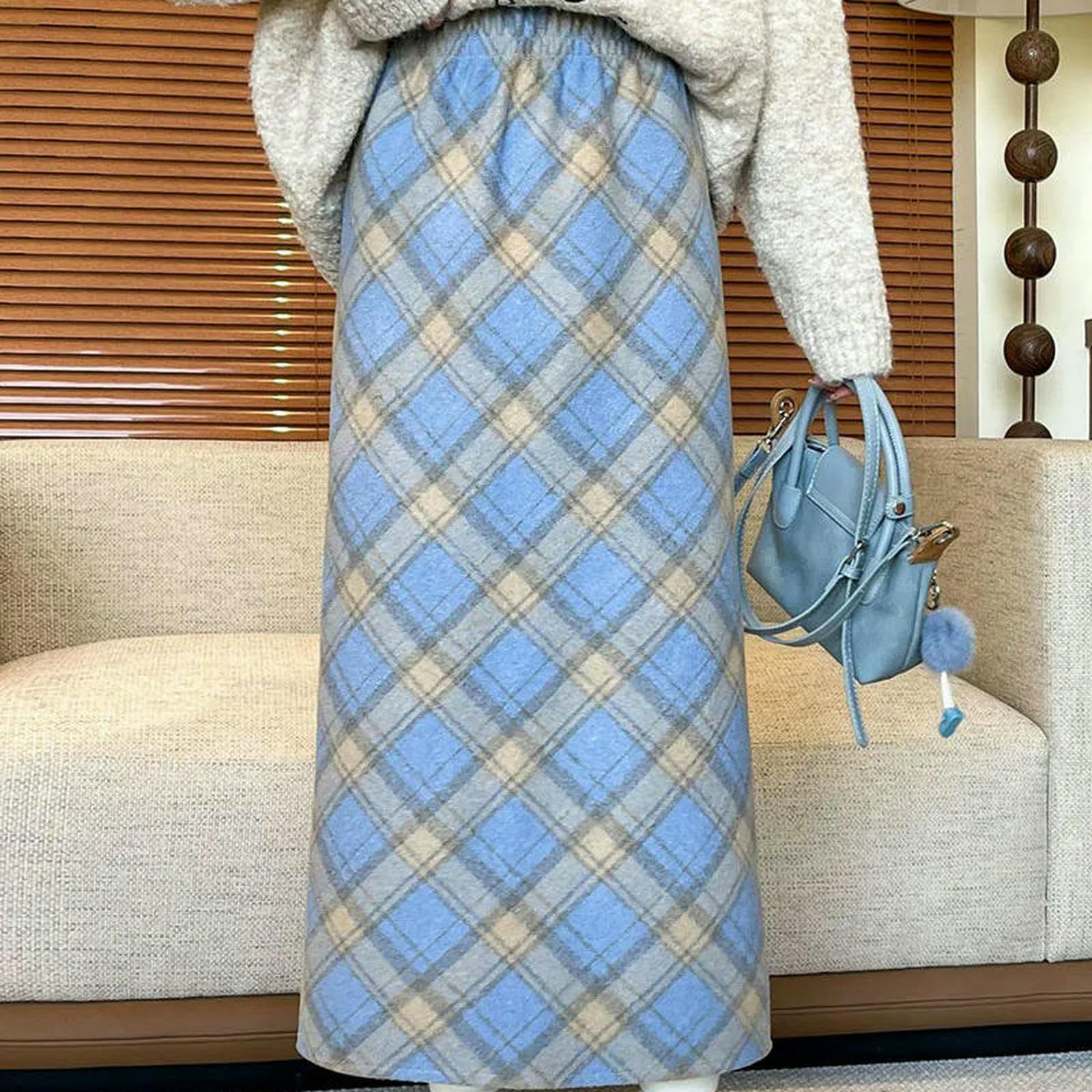 Gonna Lunga Gonne Scozzesi Vintage Donna Autunno Inverno Divisa A Vita Alta Trapezio Contrasto Streetwear Femminile-Kaki Normale-XL