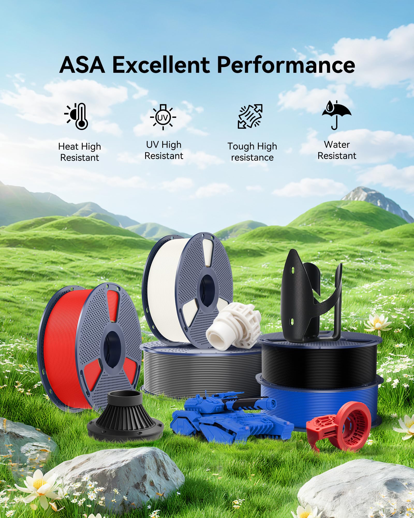 SUNLU Filamento ASA de 4 kg de 0.069 pulgadas, filamento resistente a los rayos UV/lluvia/calor, ideal para imprimir piezas mecánicas funcionales al aire libre, 4 kg en total, 2.2 libras por carrete
