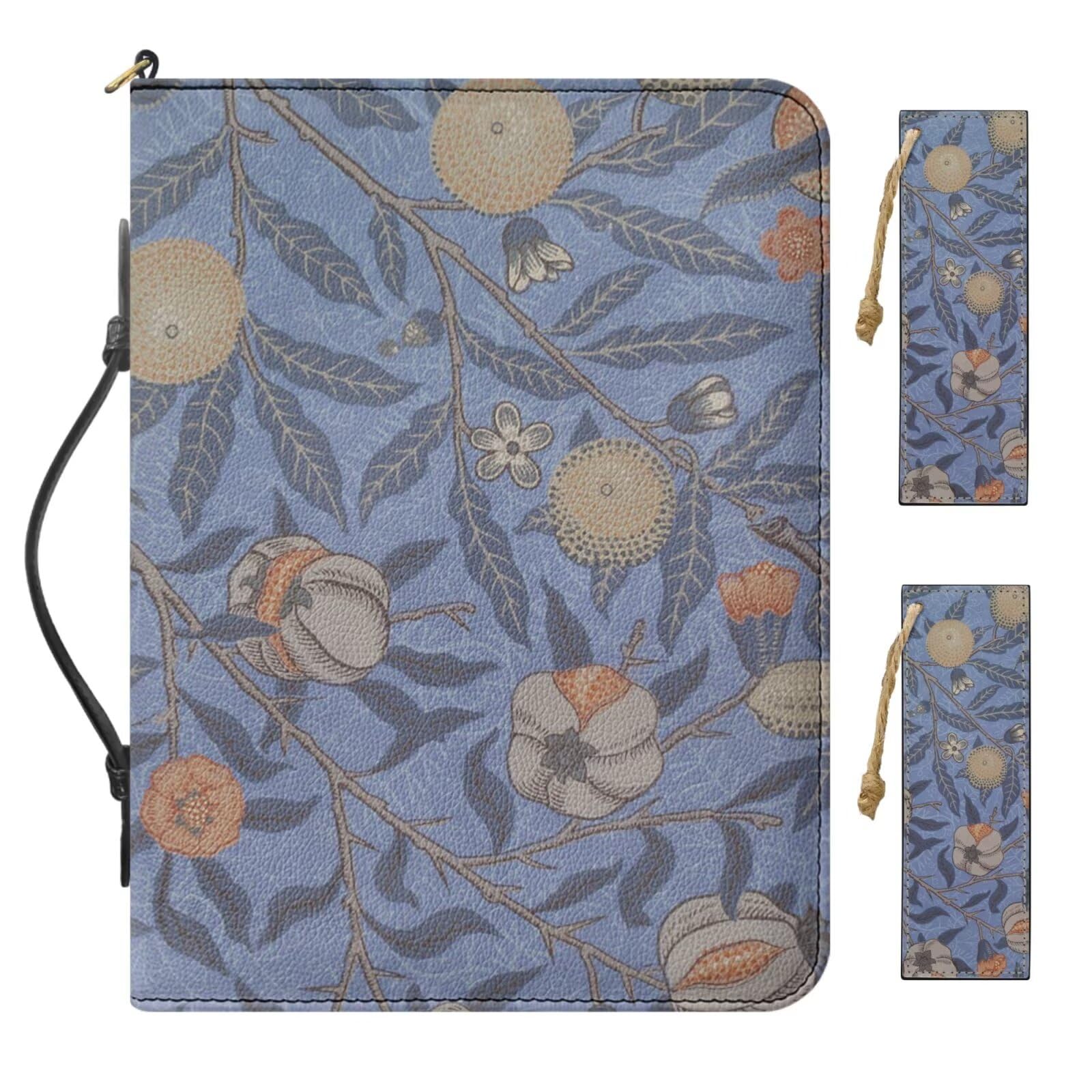 Buxolandt Large PU Leather Bible Case for Men, Comes with 2 Leather Bookmarks Built-in Pocket Pen Slots, Blue Bible Cover with Handle, Work of William Morris Printed Bible Book Cover Waterproof — image 1