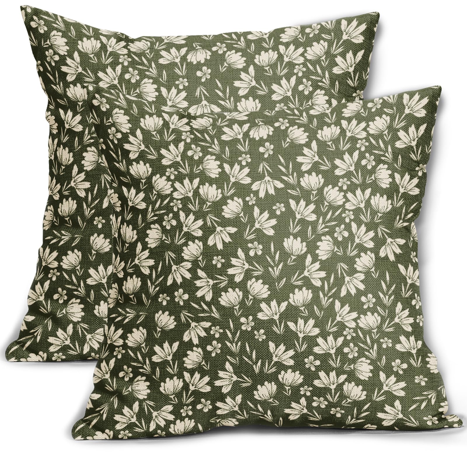 Aytipun Olive Green Pillow Covers 18x18 Set of 2 Vintage Floral Rustic Old Style Cute Flower Print Decorative Outdoor Pillowcases Seasonal Farmhouse