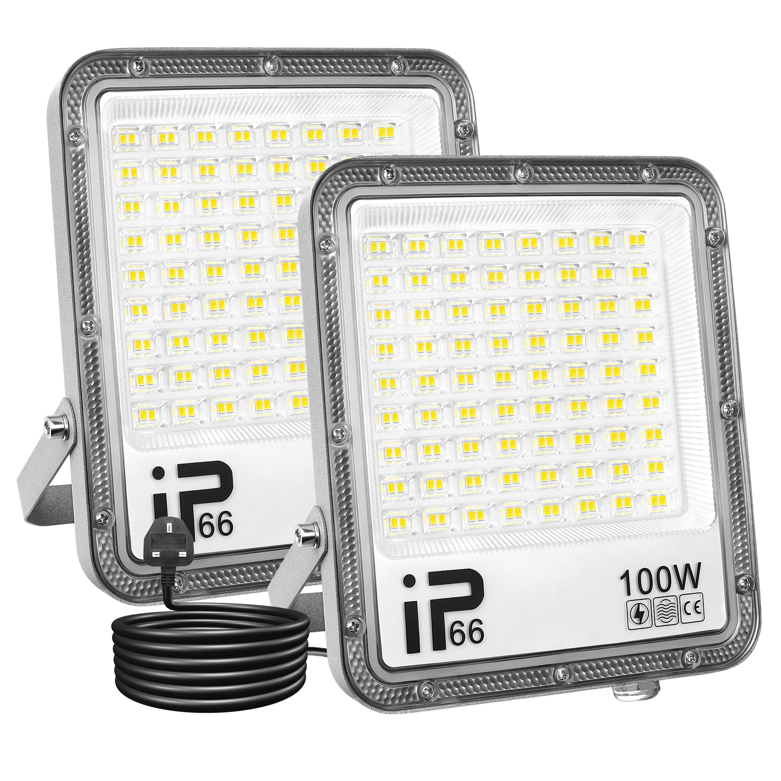 SKYWORLD LED Flood Lights Outdoor Lighting, 2x100W with Plug in Outside Work Light, 6000K Daylight, 110V