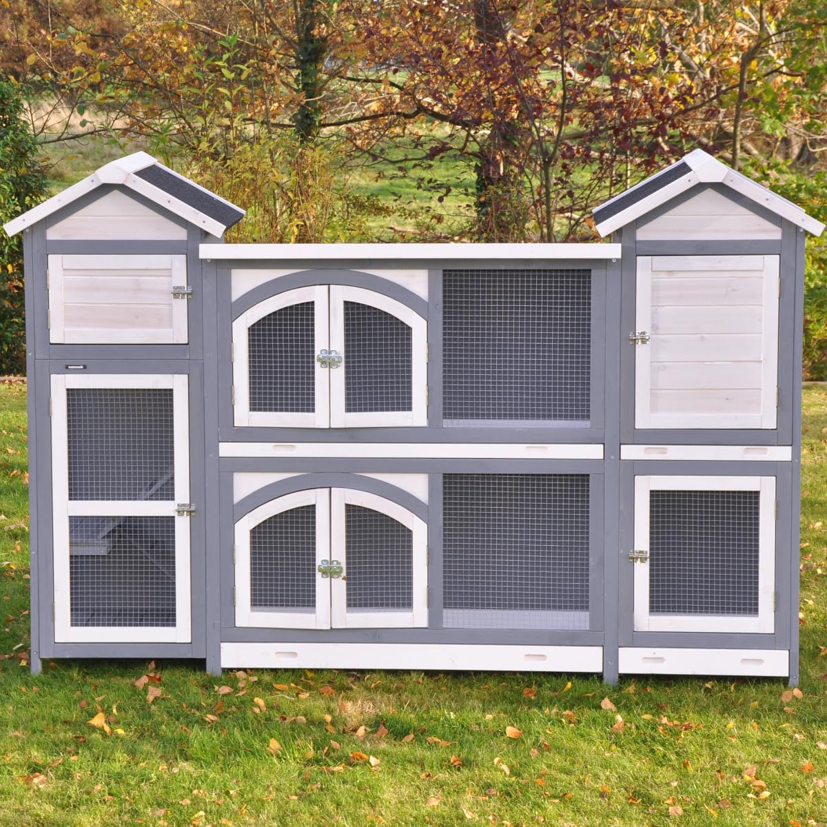nanook Kaninchenstall, Hasenstall Castle XXL mit seitlichen Aufgängen für mehr Platz - wetterfest - Staufach - extragroß 181 x 43 x 127 cm grau/Weiss