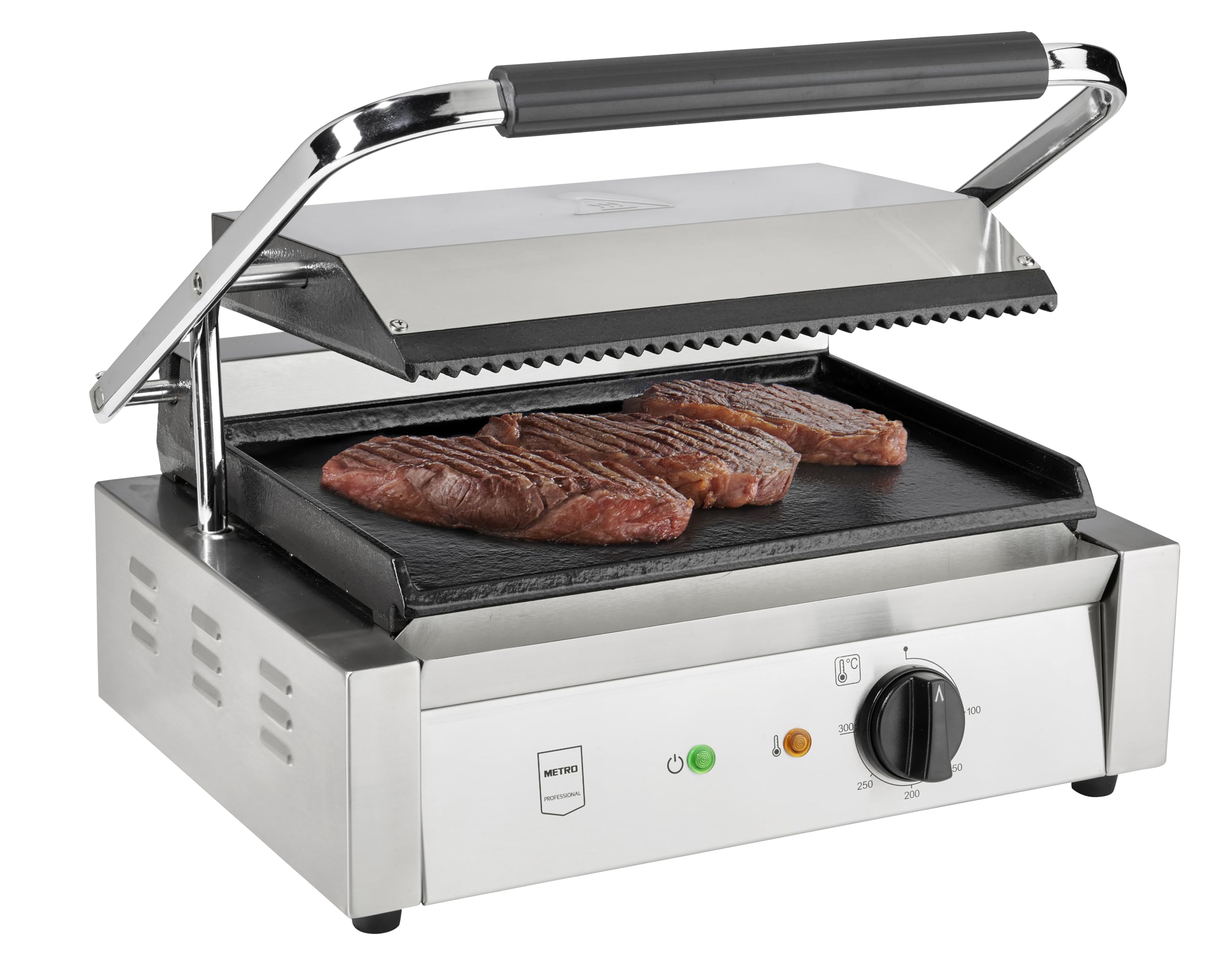 METRO Professional Plancha con Panini grill GPG1202, acero inoxidable, 43 x 36 x 20 cm, temperatura hasta 300°C, 45 paninis cada 60 minutos, plata