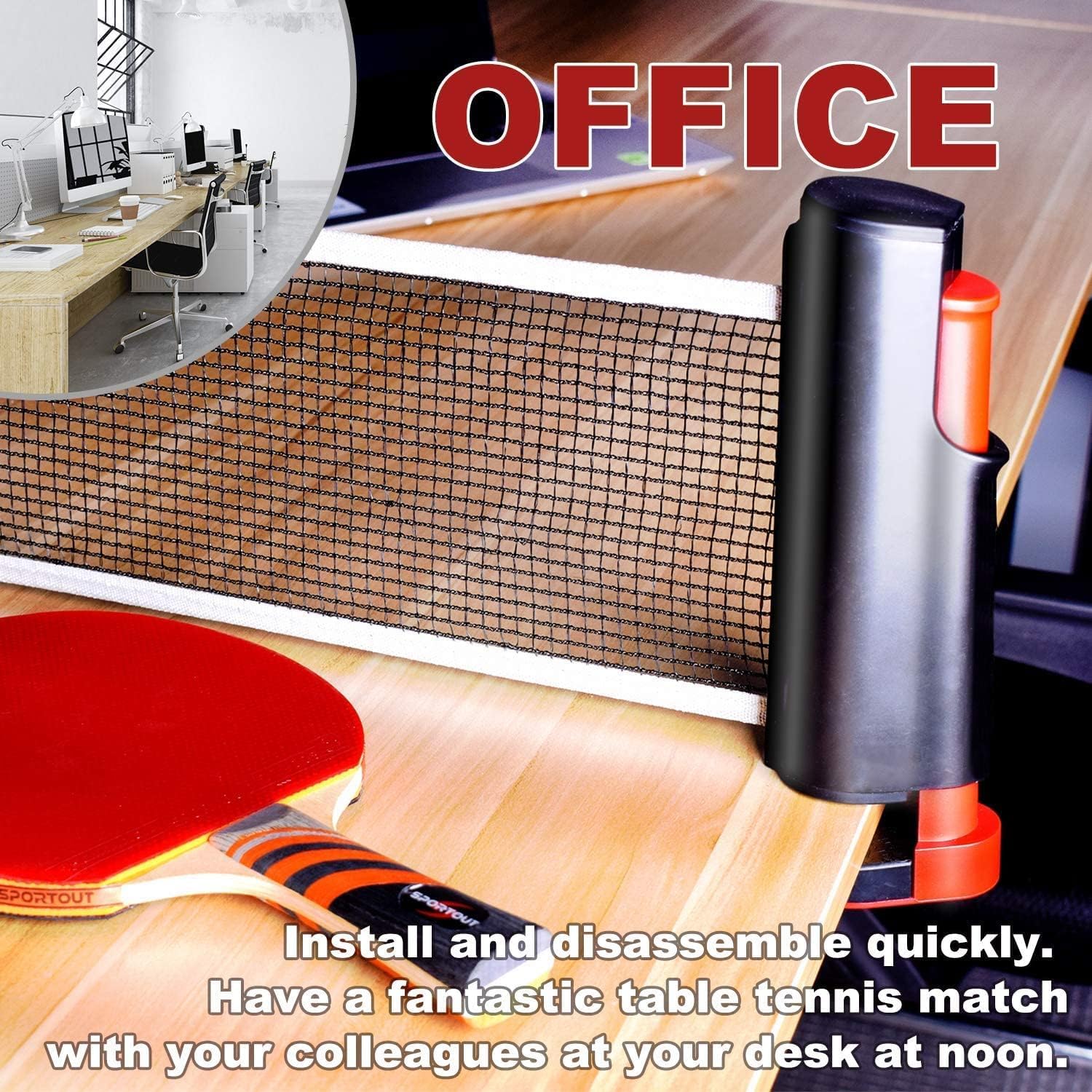 Red de ping pong retráctil portátil Sportout para mesa de ping pong, escritorio, cocina o comedor, negro/rojo