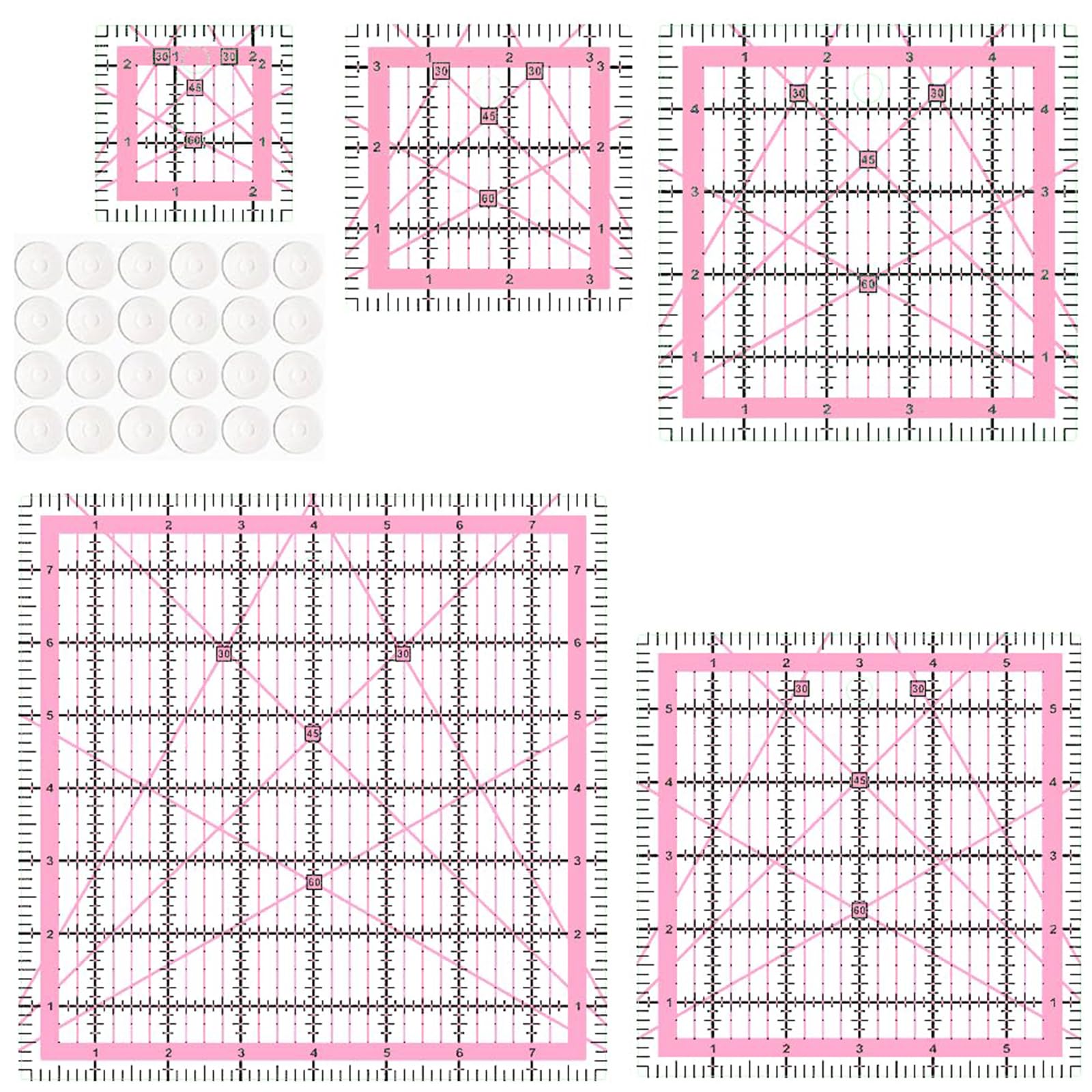 Evadollina 5 Piece Quilt Ruler, Large Set Square, Patchwork Ruler and 24 Anti-Slip Stickers, Pink Sewing Ruler, for Multiple Uses (2.5/3.5/5/6/8 Inches)