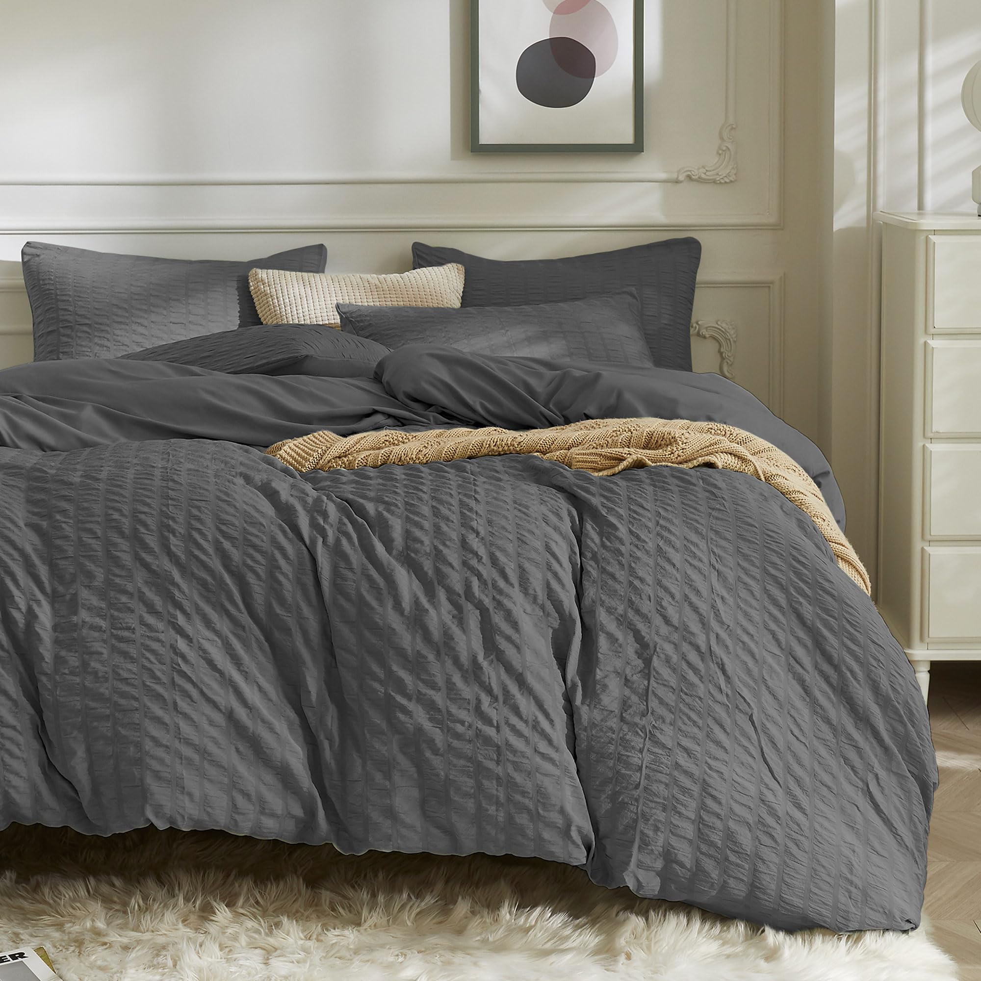 (SIMILAR)JELLYMONI Charcoal Grey Duvet Cover King Size, 3pcs Washed Microfiber Bedding Set, Soft Breathable Seersucker Duvet Cover Set with Zipper Closure and Corner Ties for All Seasons