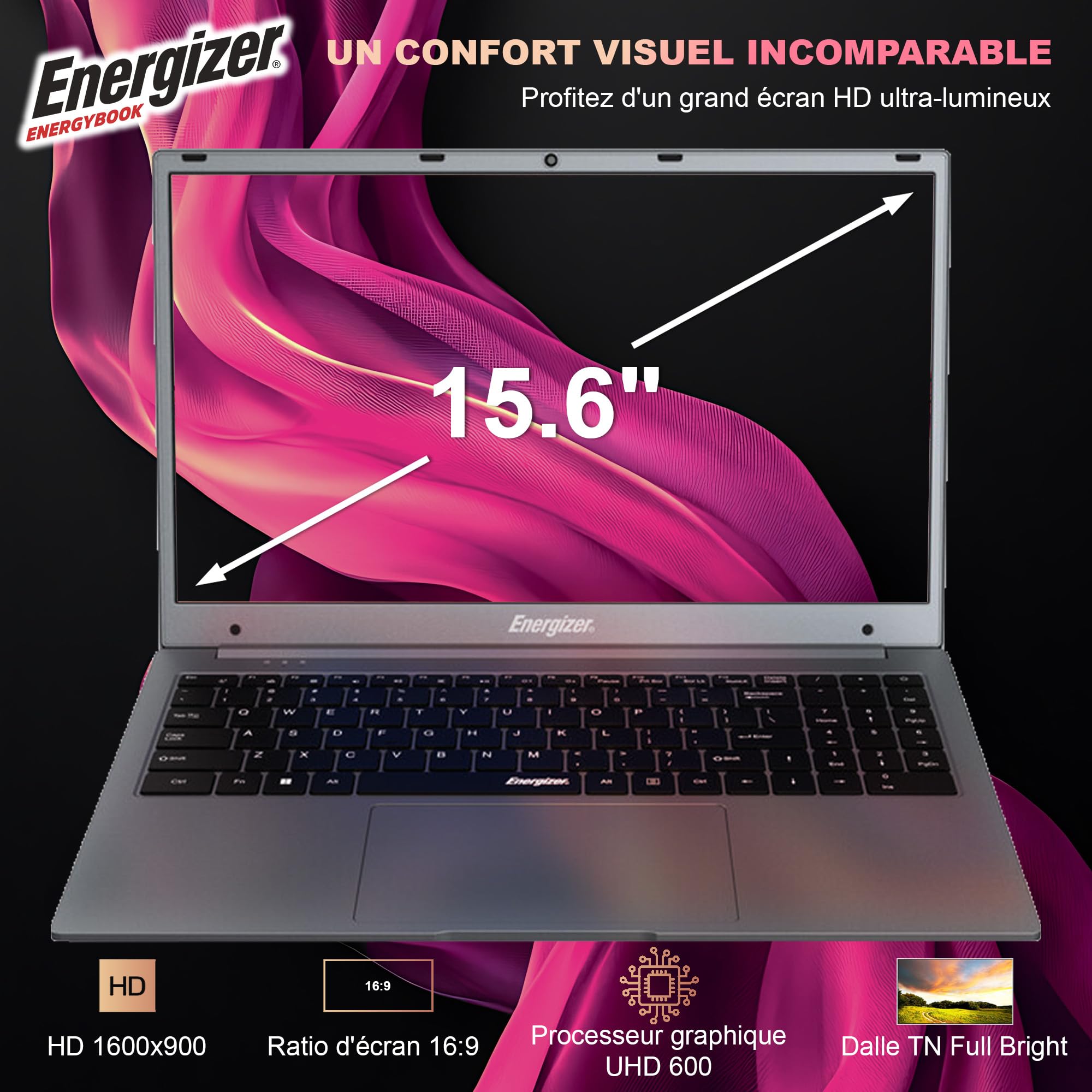 Energizer EnergyBook 15,6" HD+ - PC Portable 8Go RAM, SSD 256Go, Intel Celeron N4020, Windows 11, Clavier AZERTY, USB 3.0, HDMI – Laptop Fin & Léger pour Bureautique