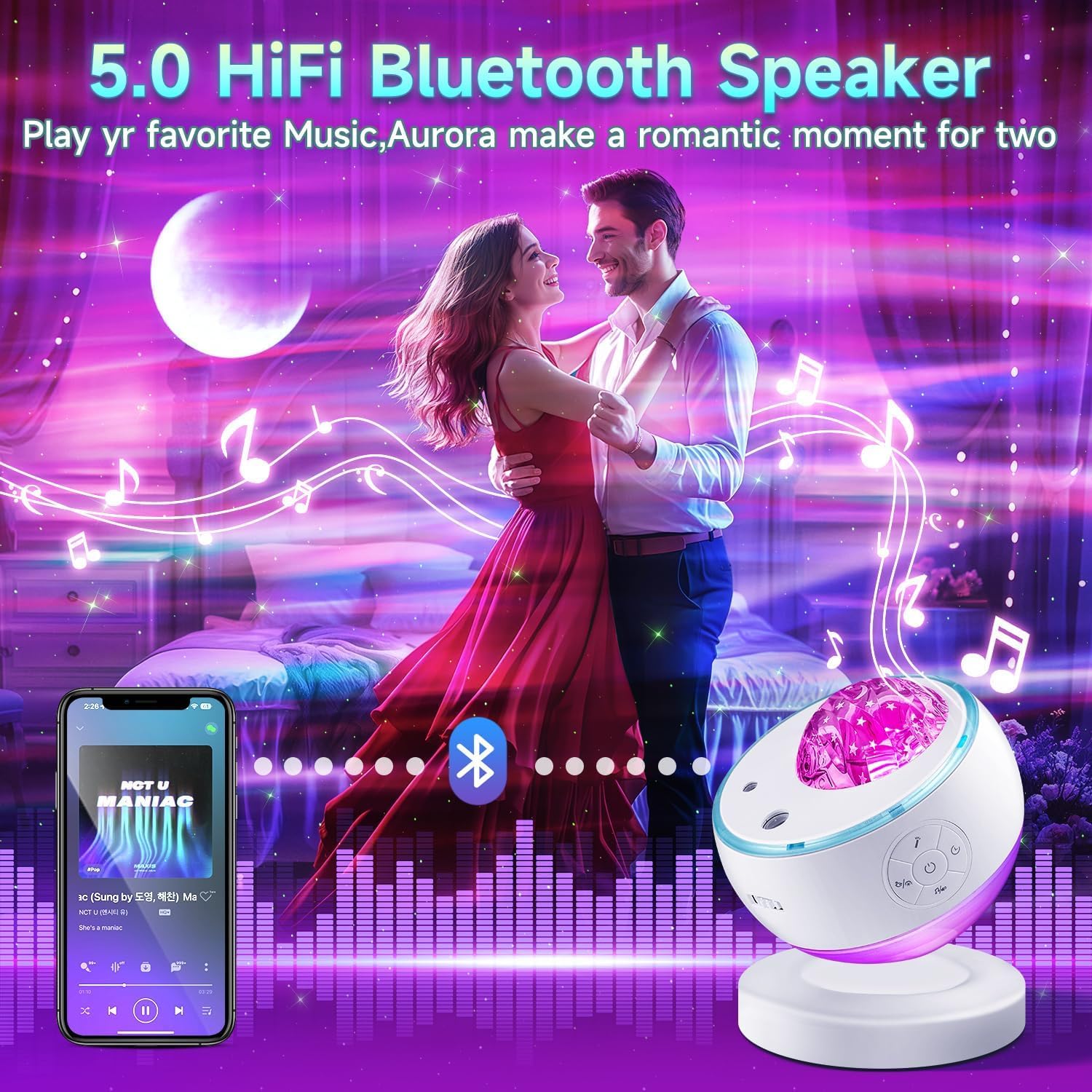 Lampada Proiettore Stelle, 180 Colori Aurora Boreale Proiettore Soffitto, Bluetooth 15 Musica LED Luce Rotante Nebulosa , Telecomando Timer 360° Galaxy Projector Per Bambini/Adulti/Regalo/Decorazioni