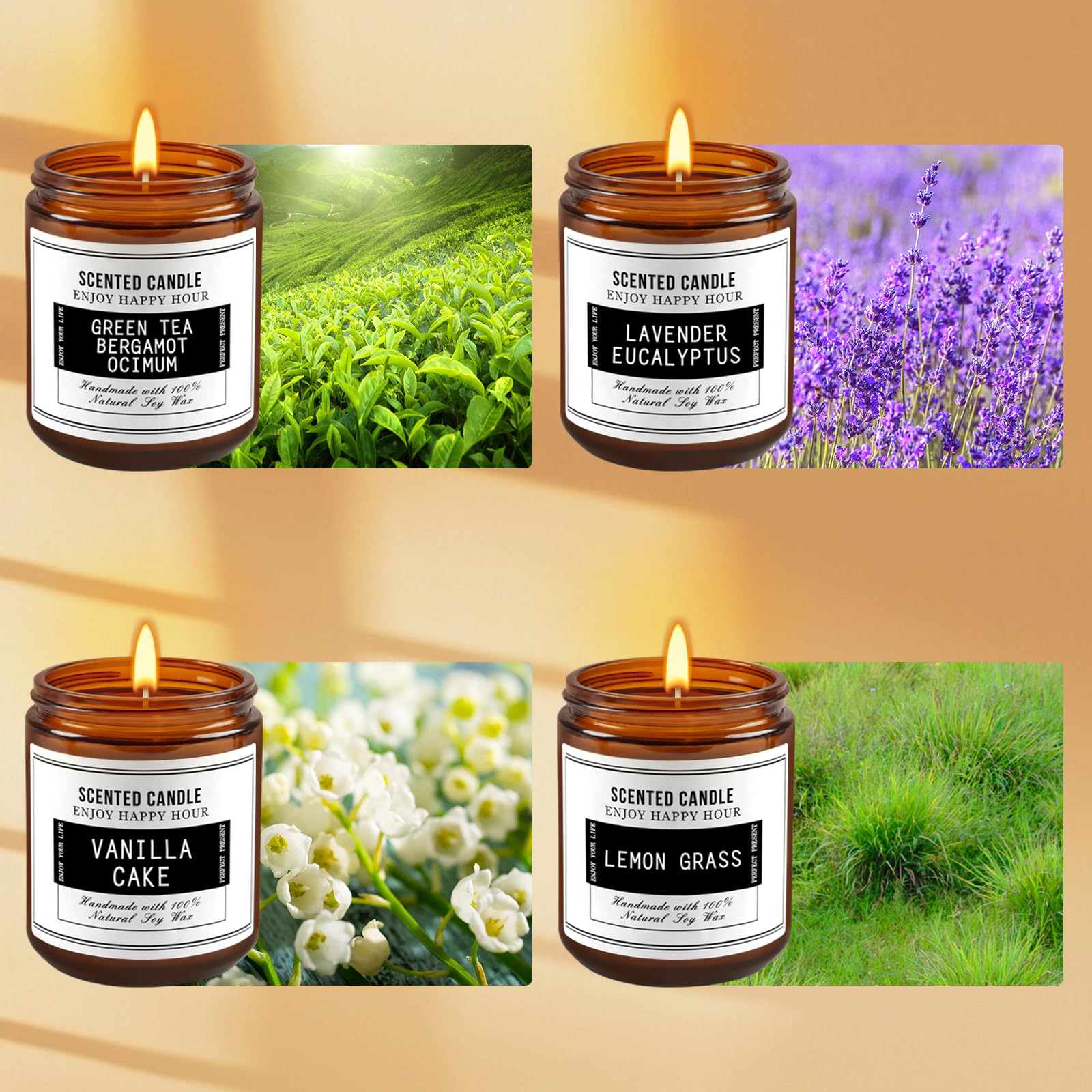 Vela perfumada prémium (M-4 piezas, eucalipto y lavanda/té verde y bergamota ocímum/hierba de limón/pastel de vainilla)