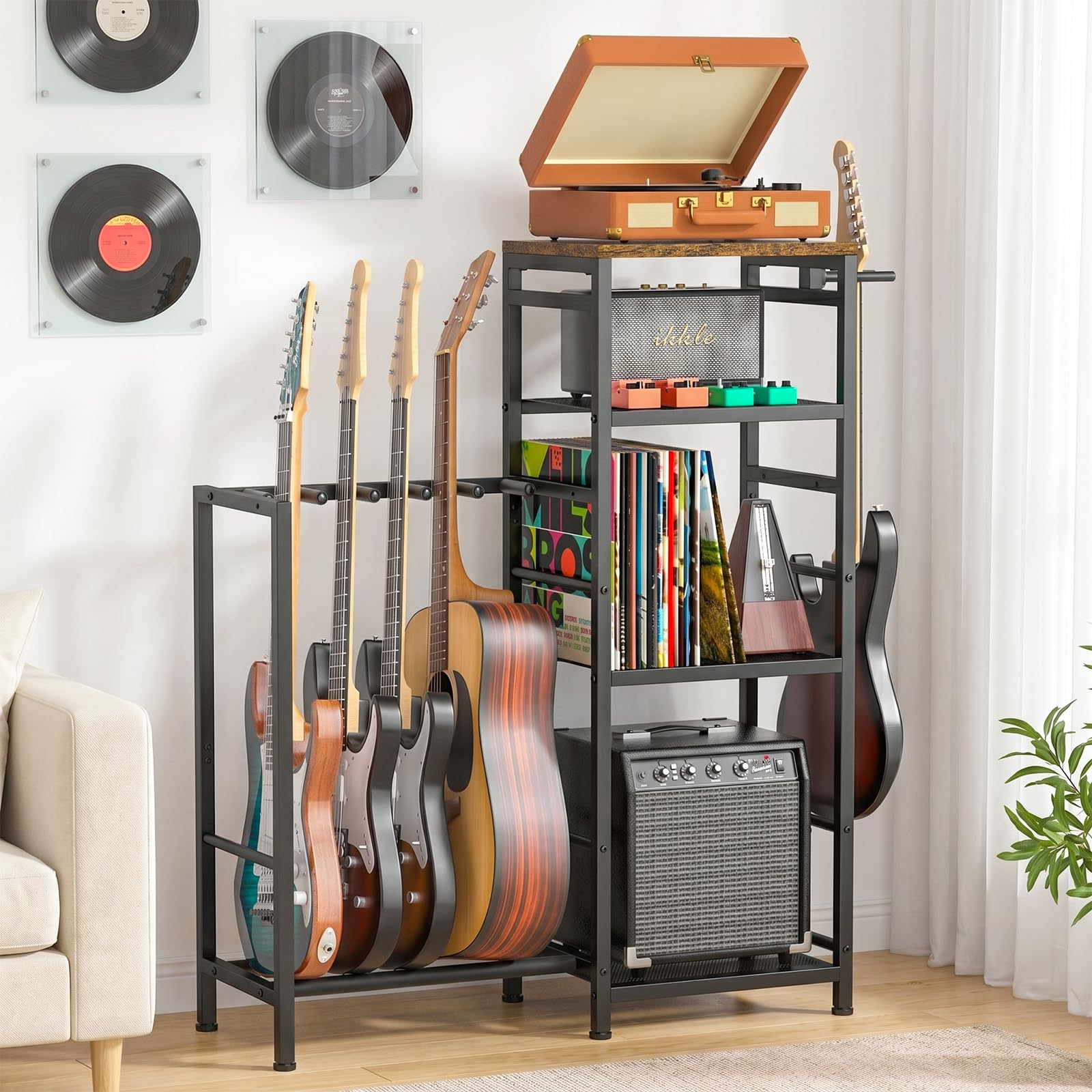 ikkle Soporte para múltiples guitarras con compartimentos de almacenamiento | Soporte de guitarra con soporte para discos, tocadiscos y amplificador, almacenamiento de guitarra para estudio en casa