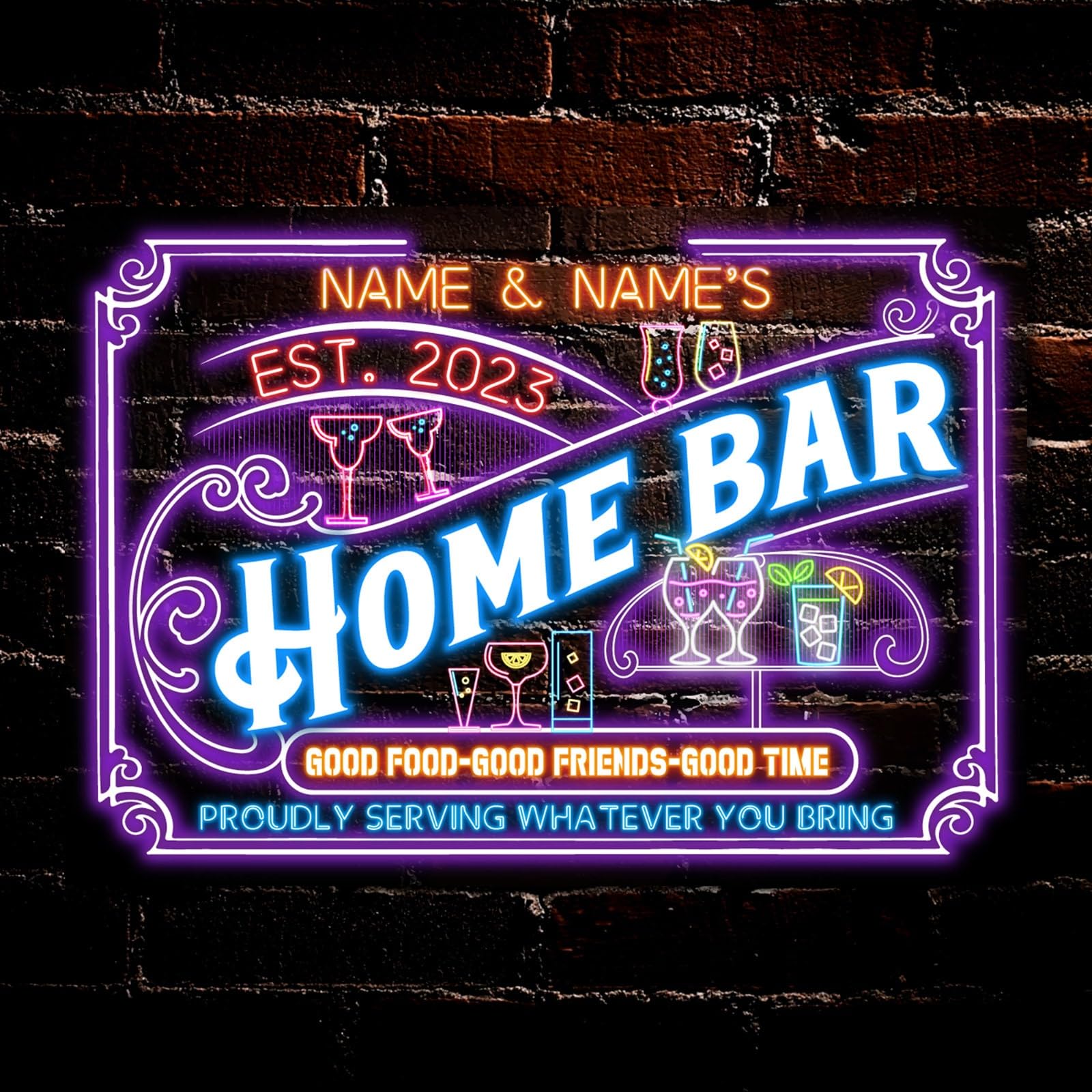 My Pixel Print Metal Personalised Home Bar Good Friends Good Time Neon Effect Sign Decor Plaque
