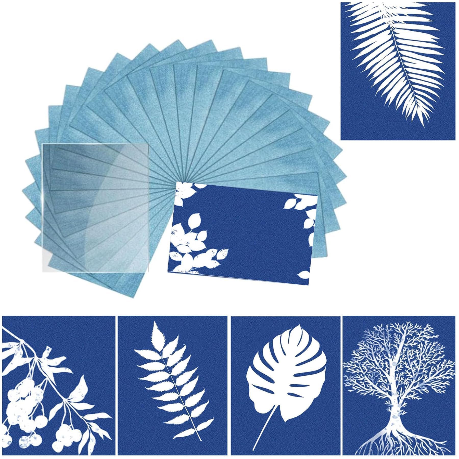HAPPOW 32Pcs Cyanotype Printing Paper Kit with a Acrylic Sheets,A5 Sun Print Paper,High Sensitivity Solar Sunprint for DIY Crafts, Nature Art, for Adults DIY Crafts(A5, 5.8X8.3 inch) ﻿