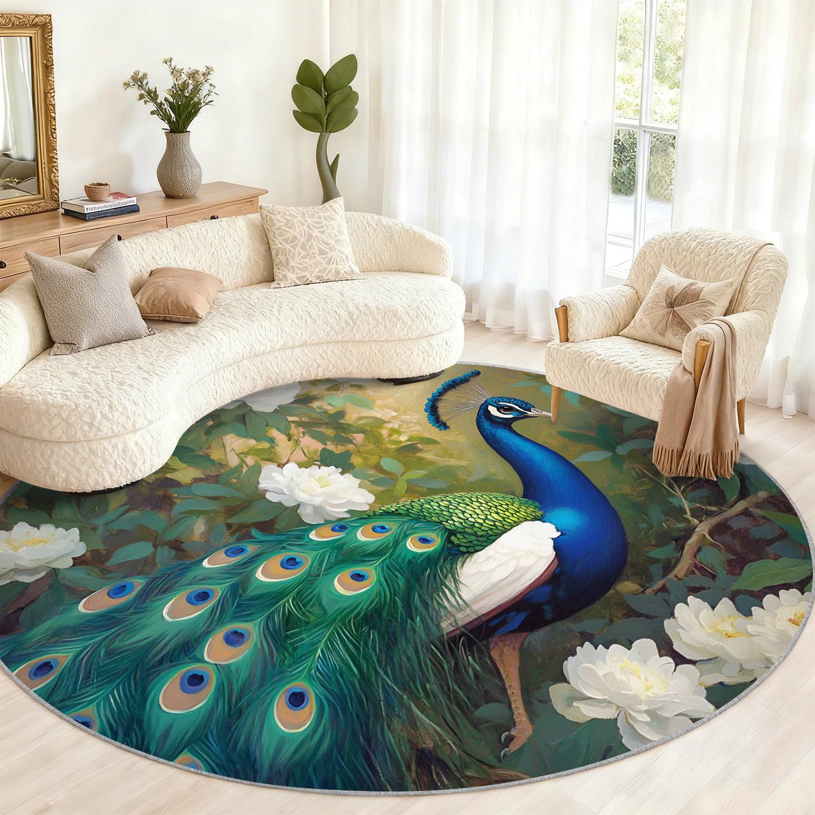 GKPLY Peacock Round Area Rug, Floral Garden Rugs for Bedroom, Oil Painting Circular Rugs Living Room, Washable Rug Non Slip, Carpet Decor 8ft