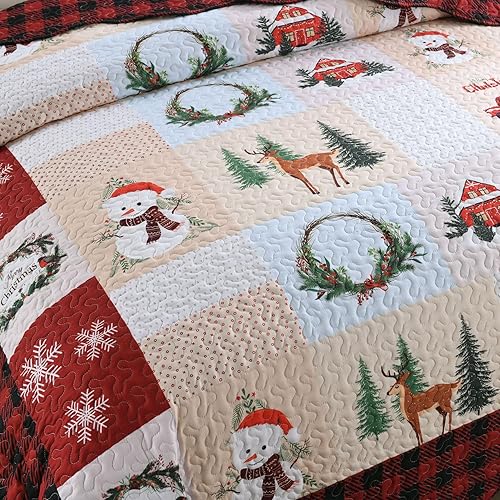 Miniatura 6 de Juego de edredón de Navidad de 3 piezas con estampado de reno rústico de Navidad, juego de ropa de cama (Queen)