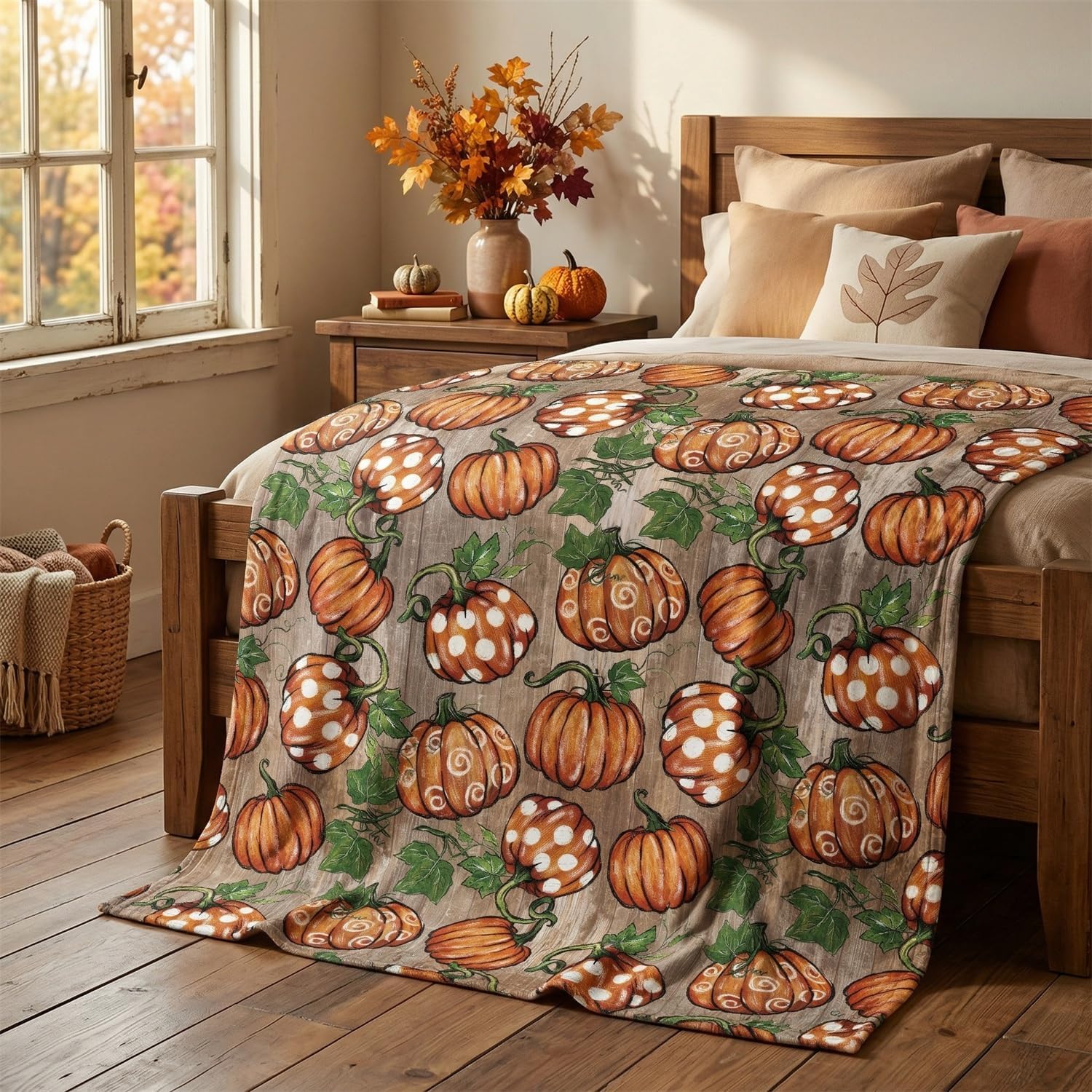 Horaldaily Fall Wood Plank Grain Pot Pumpkin Flannel Throw Blanket 50x60