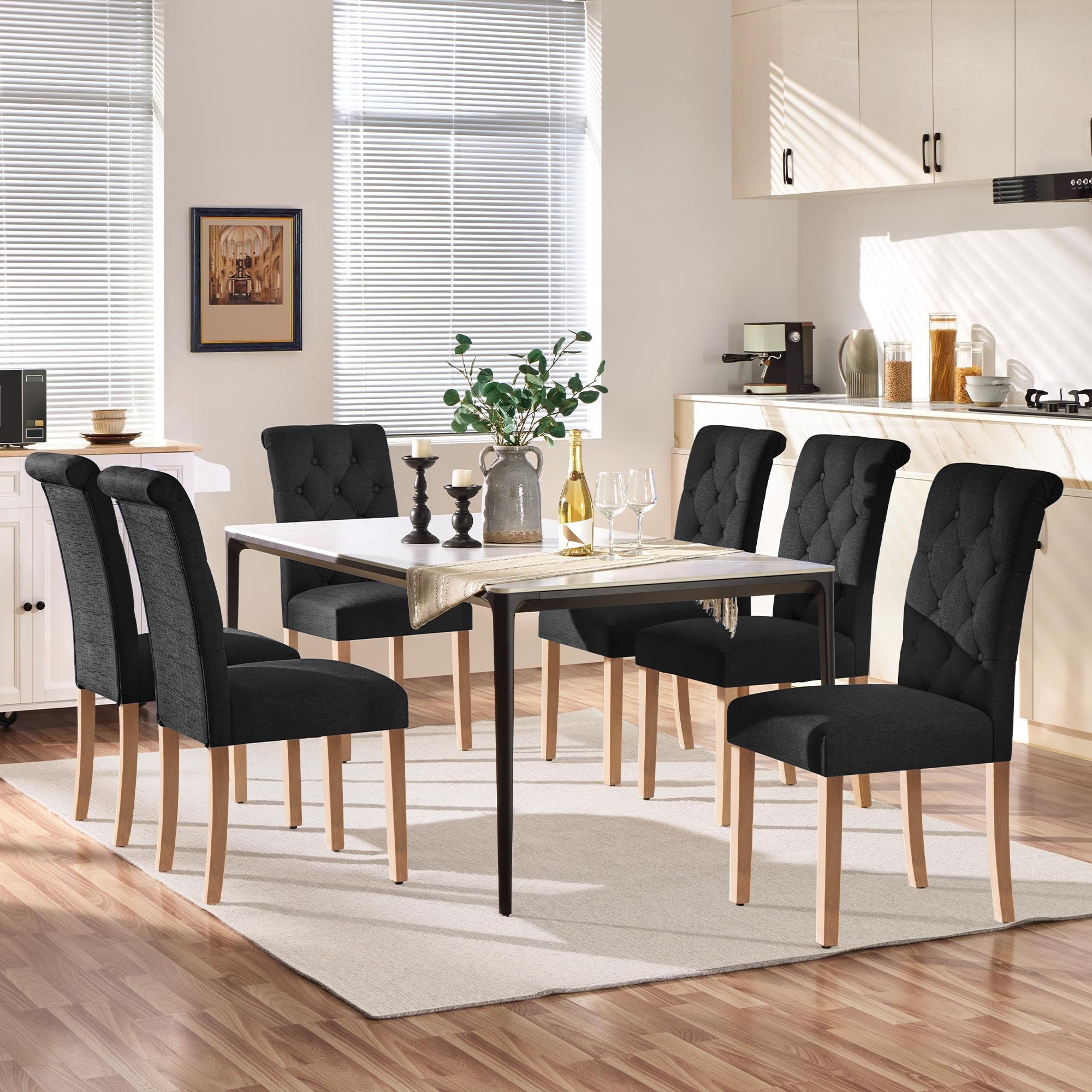 Yaheetech Juego de 2 Sillas de Comedor Silla Acolchada con Respaldo Alto Patas de Madera Silla Tela para Comedor Cocina Negra — view 7
