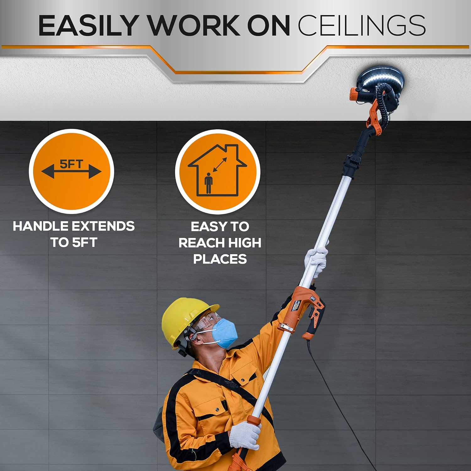 Drywall Electric Sander Machine - Handheld Disc Sander Power Tools with Pole Extension, Dust Collector Bag and Vacuum Attachment - - 