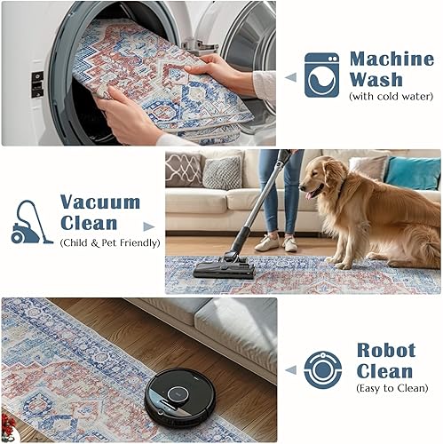 Miniatura 5 de jinchan Alfombra de pasillo de 2 x 8 pulgadas, lavable, para interiores, vintage, suave, alfombra con estampado azul y rojo, alfombra retro