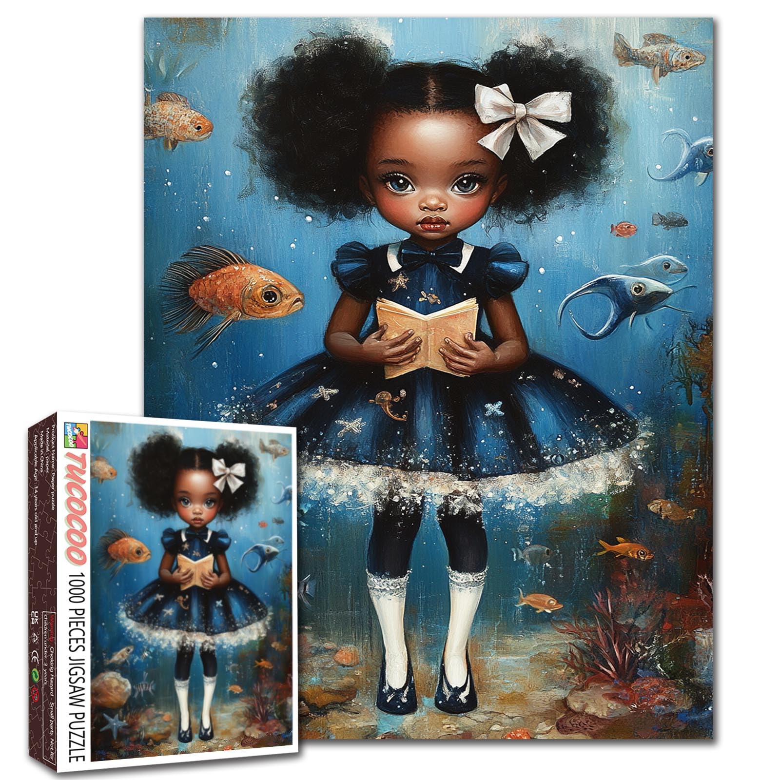 Tucocoo Adorable Little Black Girl Jigsaw Puzzle 1000 Pieces Sea Creatures Whimsical Puzzles for Adults, African Girl Puzzle for Challenging Family Education Activity Games DIY Crafts Gift Home Decor โ image 1