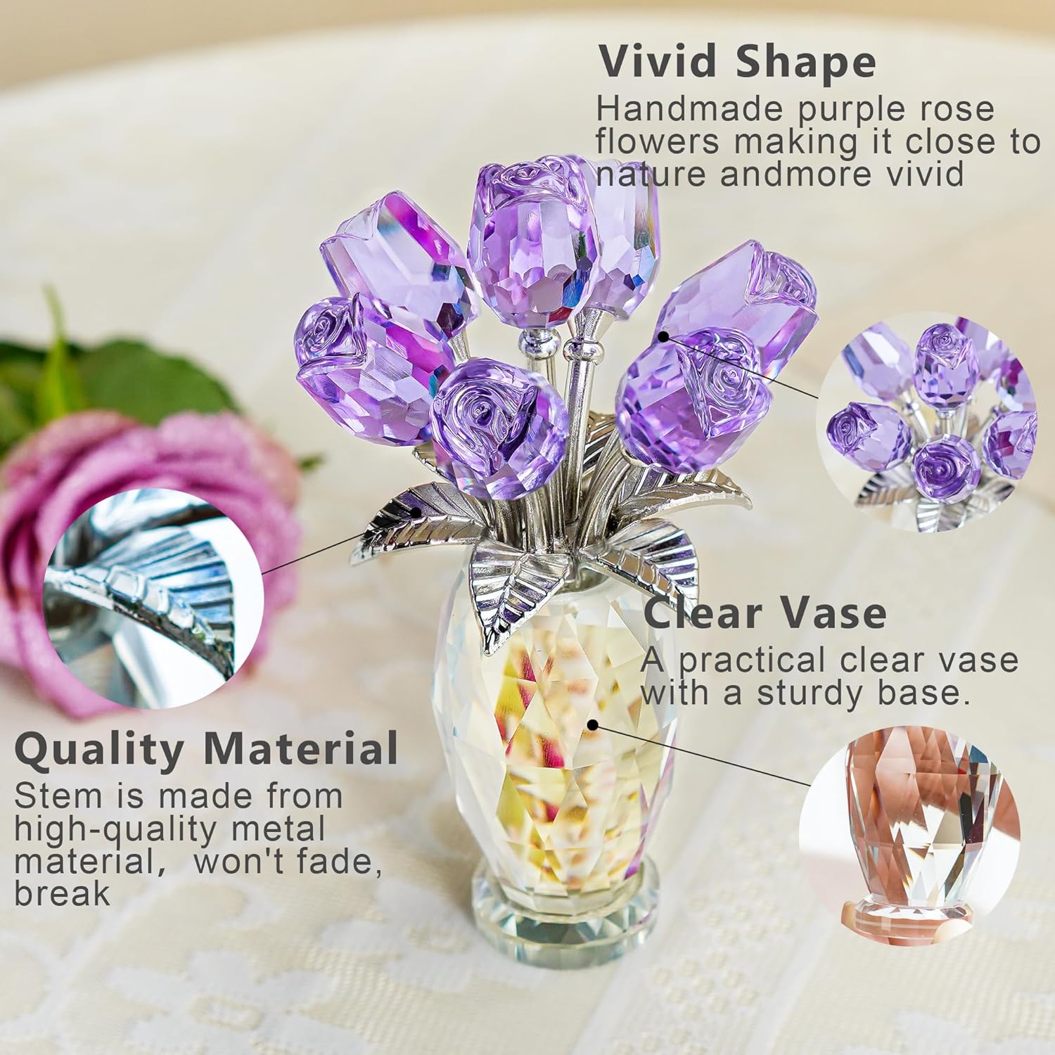 H&D HYALINE & DORA Crystal Rose Purple Flower Figurine,Rose Gifts for Mom Wife Grandma,Glass Flower Collectible Ornament Mother's Day Thanksgiving Anniversary Birthday Gifts - Image 2