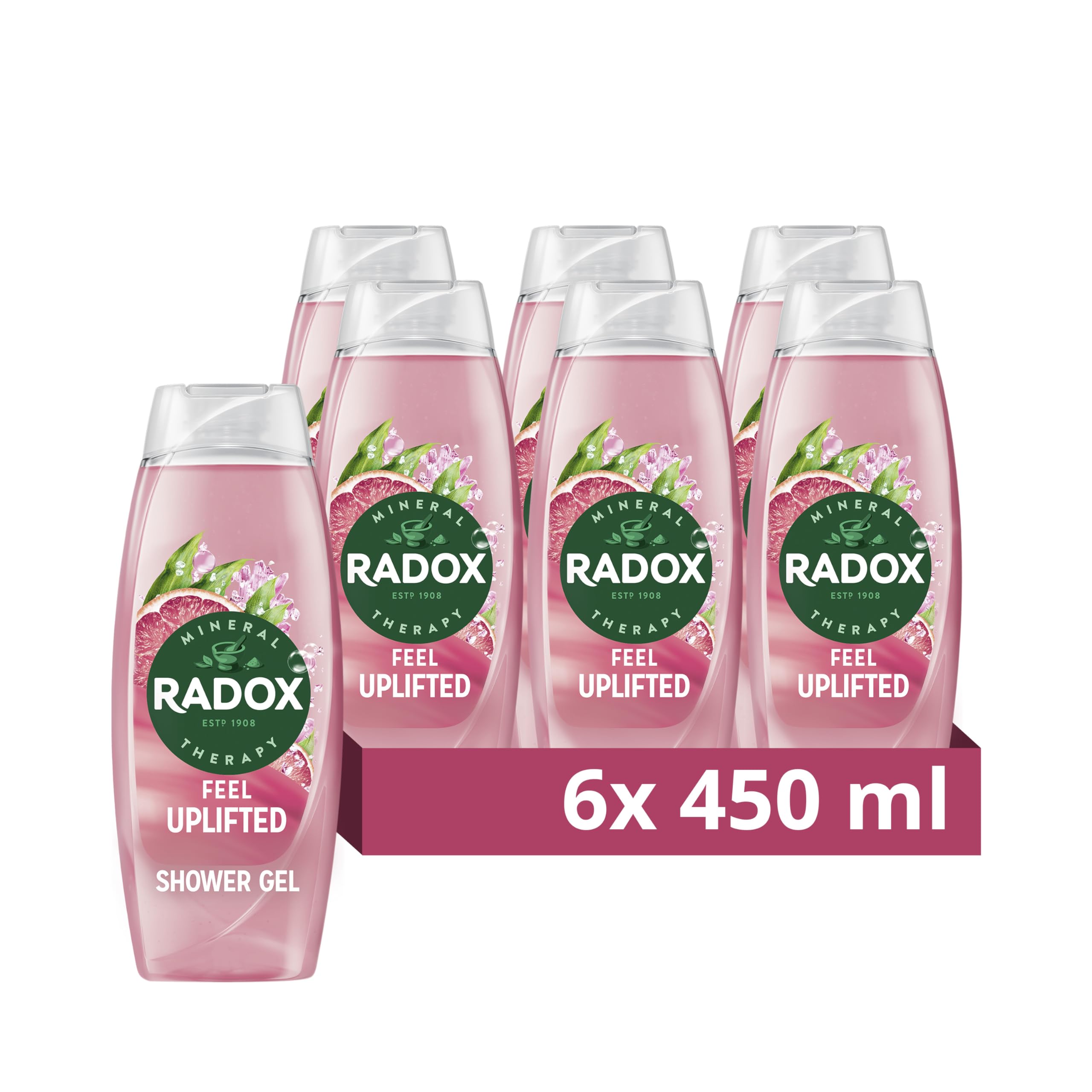Radox Mineral Therapy Feel Uplifted body wash pack of 6 shower gel with a grapefruit & ginger fragrance for a refreshing shower experience 450 ml