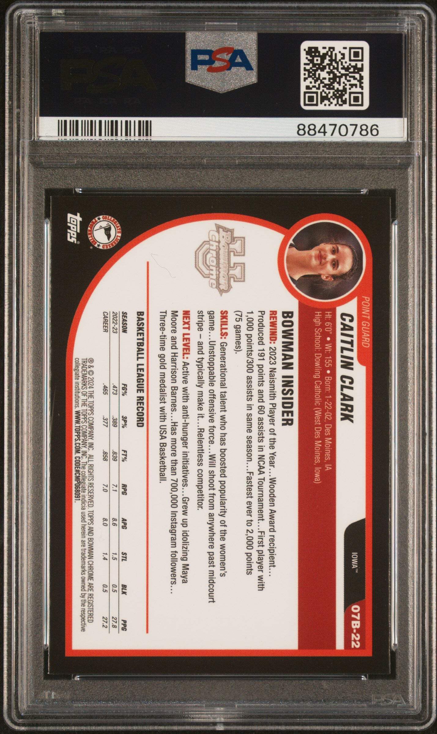 Graded 2023 Topps Bowman U Chrome Caitlin Clark #07B22 2007 Bowman Rookie RC Basketball Card PSA 10 Gem Mint
