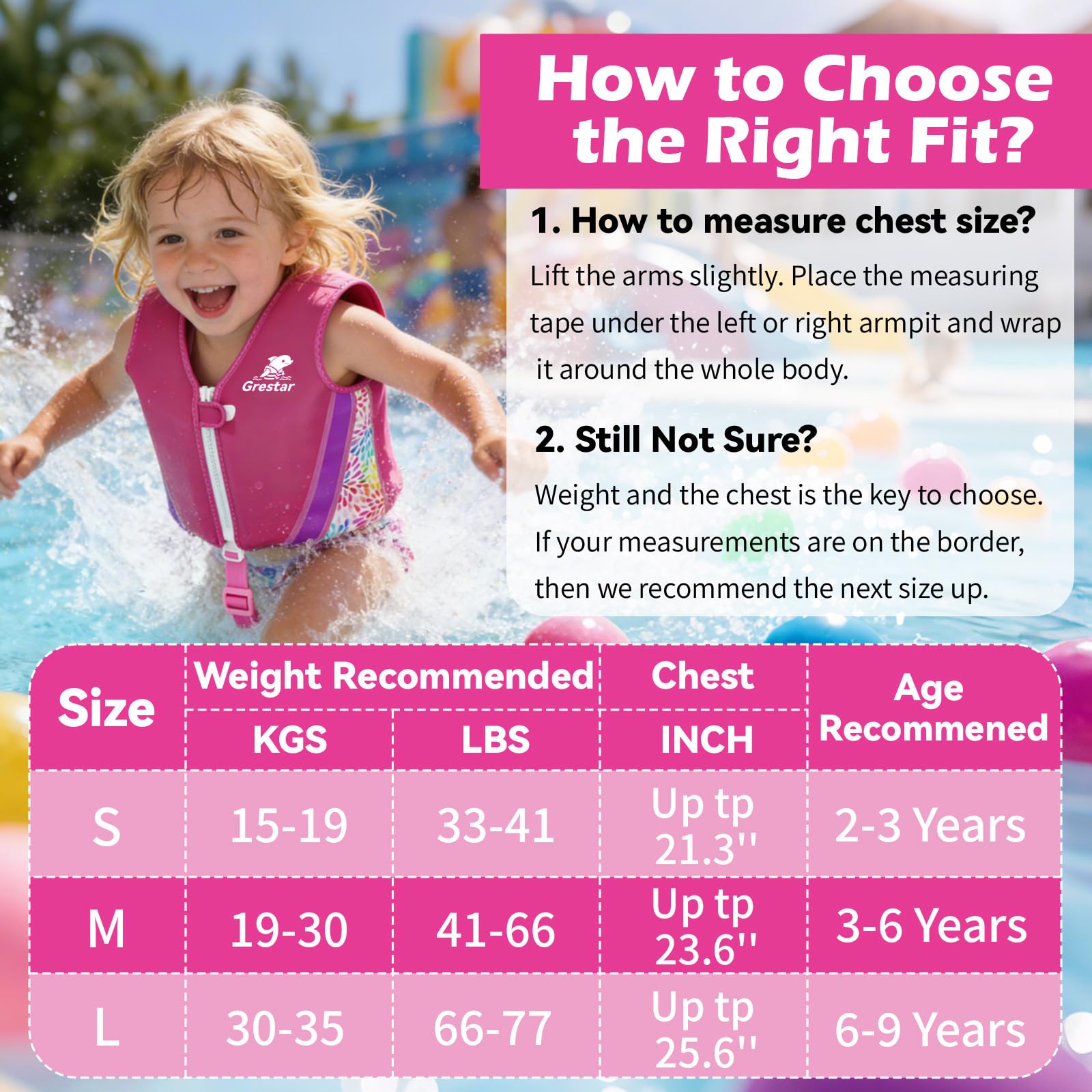 Chaleco Flotador Bebe y Niño de Neopreno, Grestar Chaleco Piscina Bebe 2 a 6 Años 15-30 kg, Chaleco Flotador Infantil con 8 Paneles de Flotación Extraíbles, Triple Seguridad, Correa Ajustable