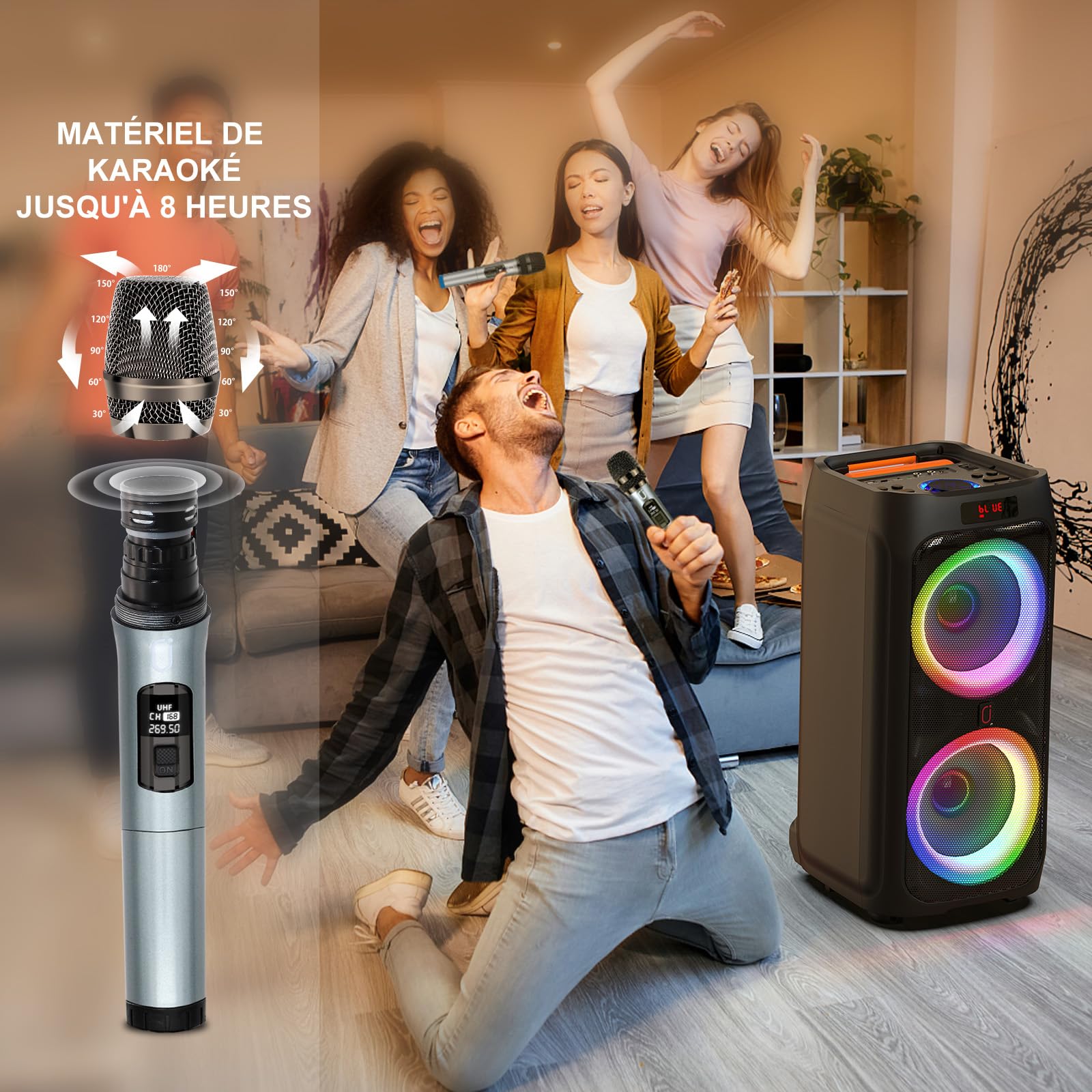 HWWR Machine Karaoke Adultes 2 Micro sans Fil, Puissance Max 500W Enceinte Bluetooth 5.3 Puissante avec Subwoofer 8", Système PA avec Lumières DJ, Idéal pour Les Fêtes en Plein Air