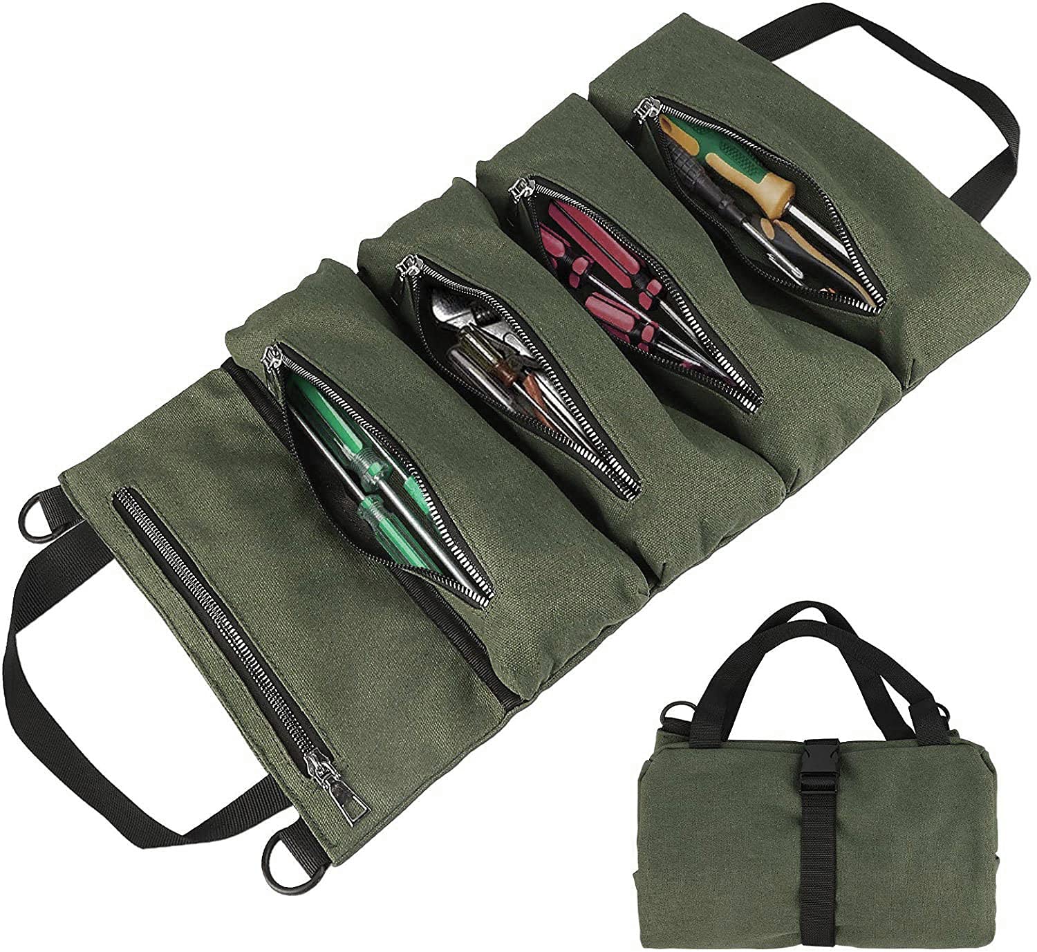 NC Waterproof Canvas Tool Roll Bag - Multi-Purpose Organizer With 5 Zipper Pockets for Car and Wrench Storage - Hanging Pouch Tote Carrier (Green)
