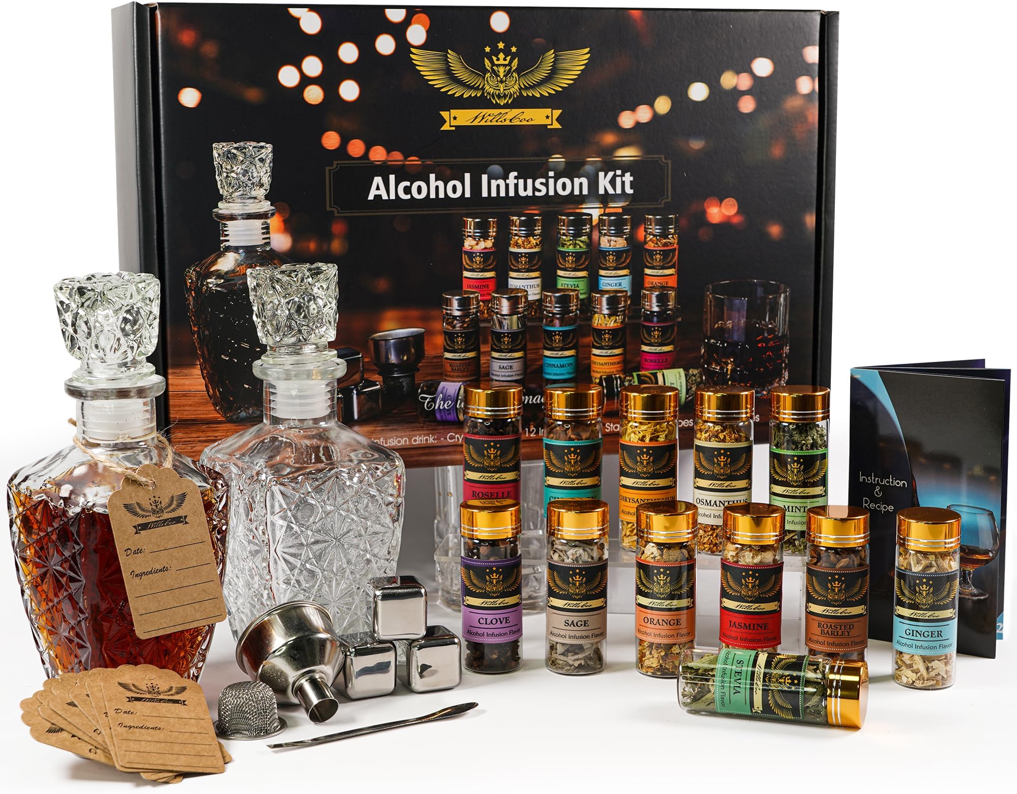WillsCoo Alcohol Infusion Kit for Infusing Whiskey, Gin, Vodka, Tequila, Rum - DIY Your Own Flavored Spirits with Natural Ingredients - Anniversary, Birthday Gift for Men, Husband