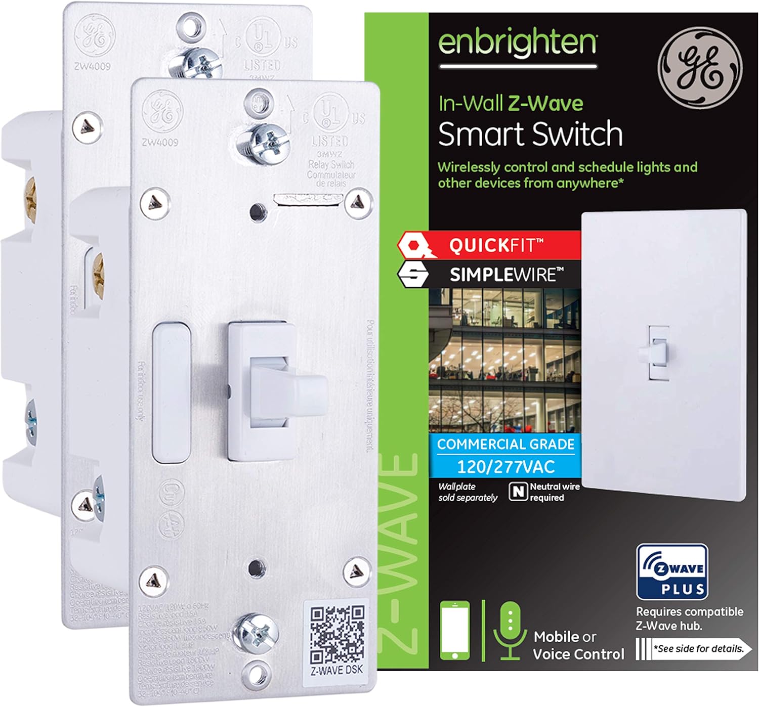 Enbrighten Z-Wave Plus Smart Light Switch 2-pack, QuickFit & SimpleWire, Commercial 120/277VAC, Works with Google Assistant, ZWave Hub & Neutral Wire Required, Toggle, 49187,White