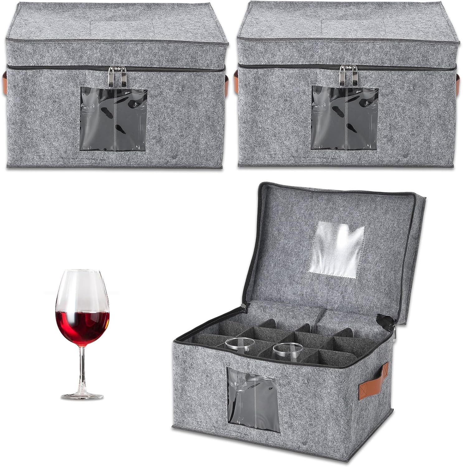 Garvee 3-Pack Stemware Storage Box with Dividers - 16x11.5x10 in Large Capacity Felt Glass Holder Organizer with Lids & Handles for Wine Glasses, Champagne Flutes, Crystal Cups Moving & Protection