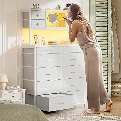 Miniatura 2 de EnHomee - Cómoda de 160 cm de alto para dormitorio con 14 cajones de tela, cómoda blanca con estación de carga y luces LED, cómodas y arcones con