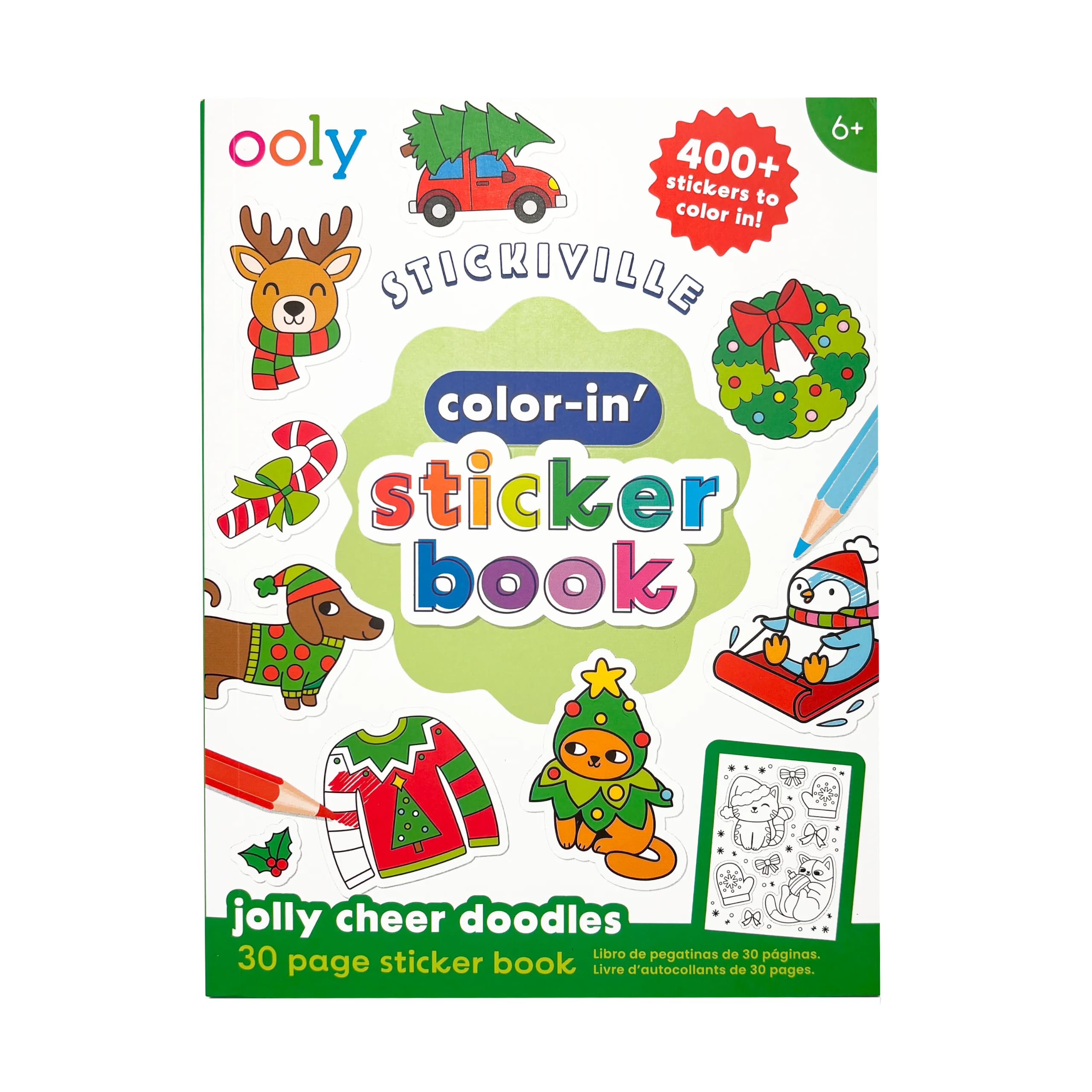 OOLY Stickiville Cute Xmas Doodles Coloring Sticker Book for Kids, 30 Pages