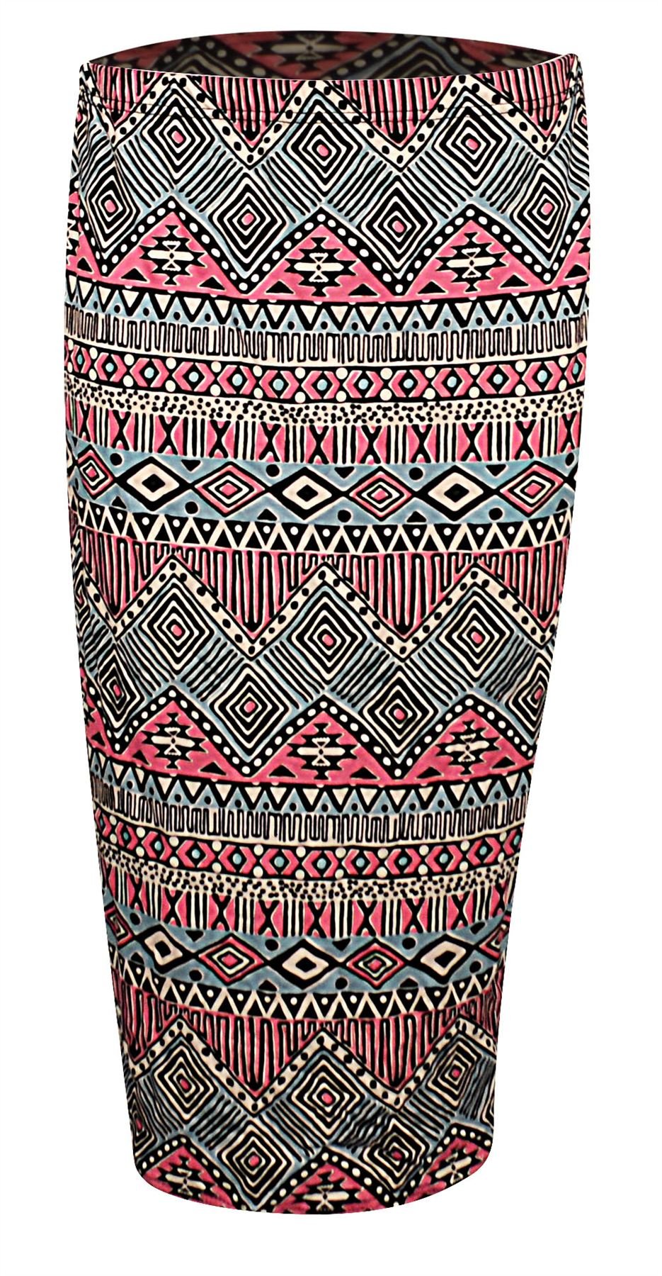 Womens Ladies High Waist Floral Aztec Printed Pencil Midi Skirt Plus Size