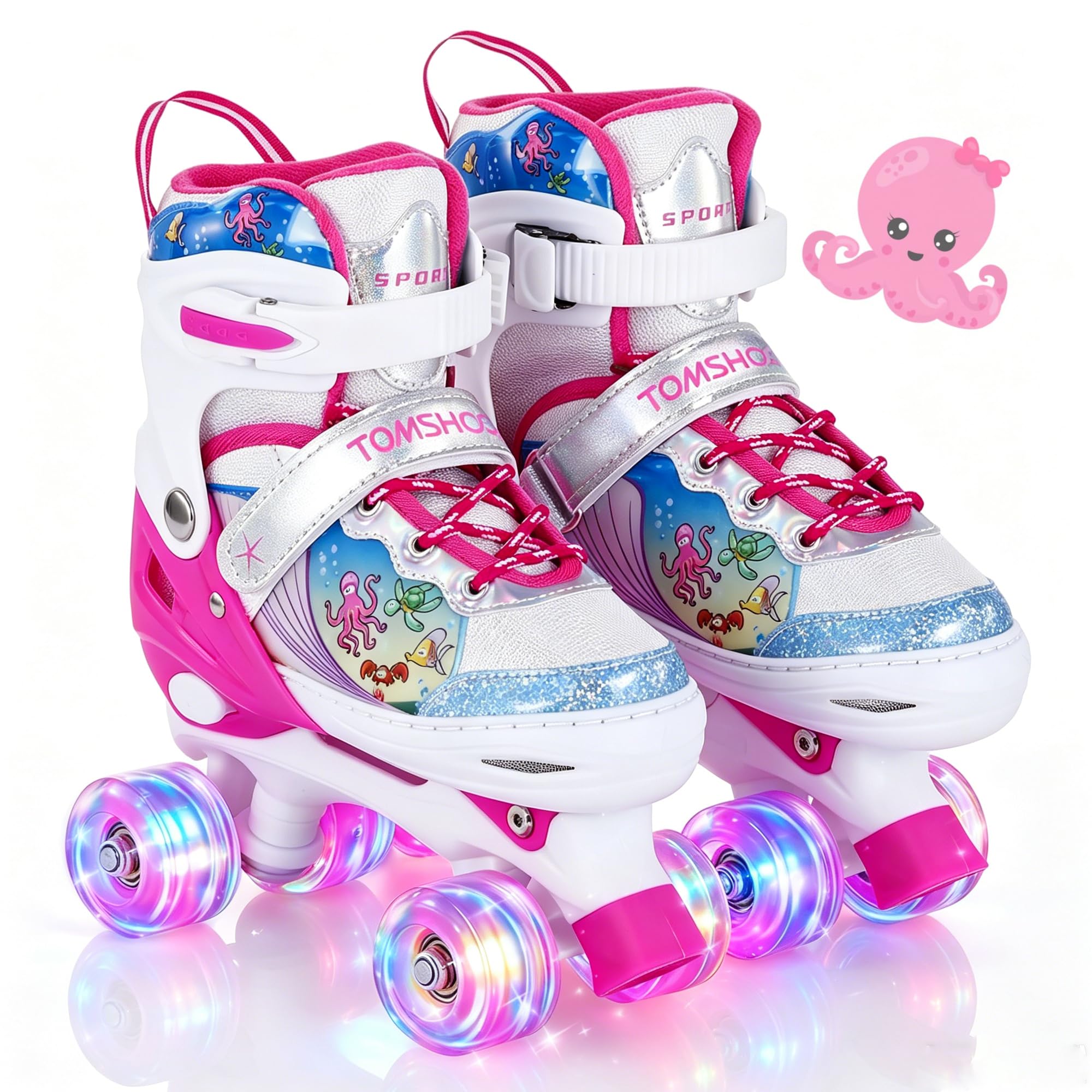 TOMSHOO Roller Skates for Girls Boys Kids Roller Skates 4 Sizes Adjustable Quad Skates With Light Up Wheels Roller Boots for Indoor Outdoor Birthday Gift (Ocean Pink, Large(UK 3.5-4.5)) โ image 1