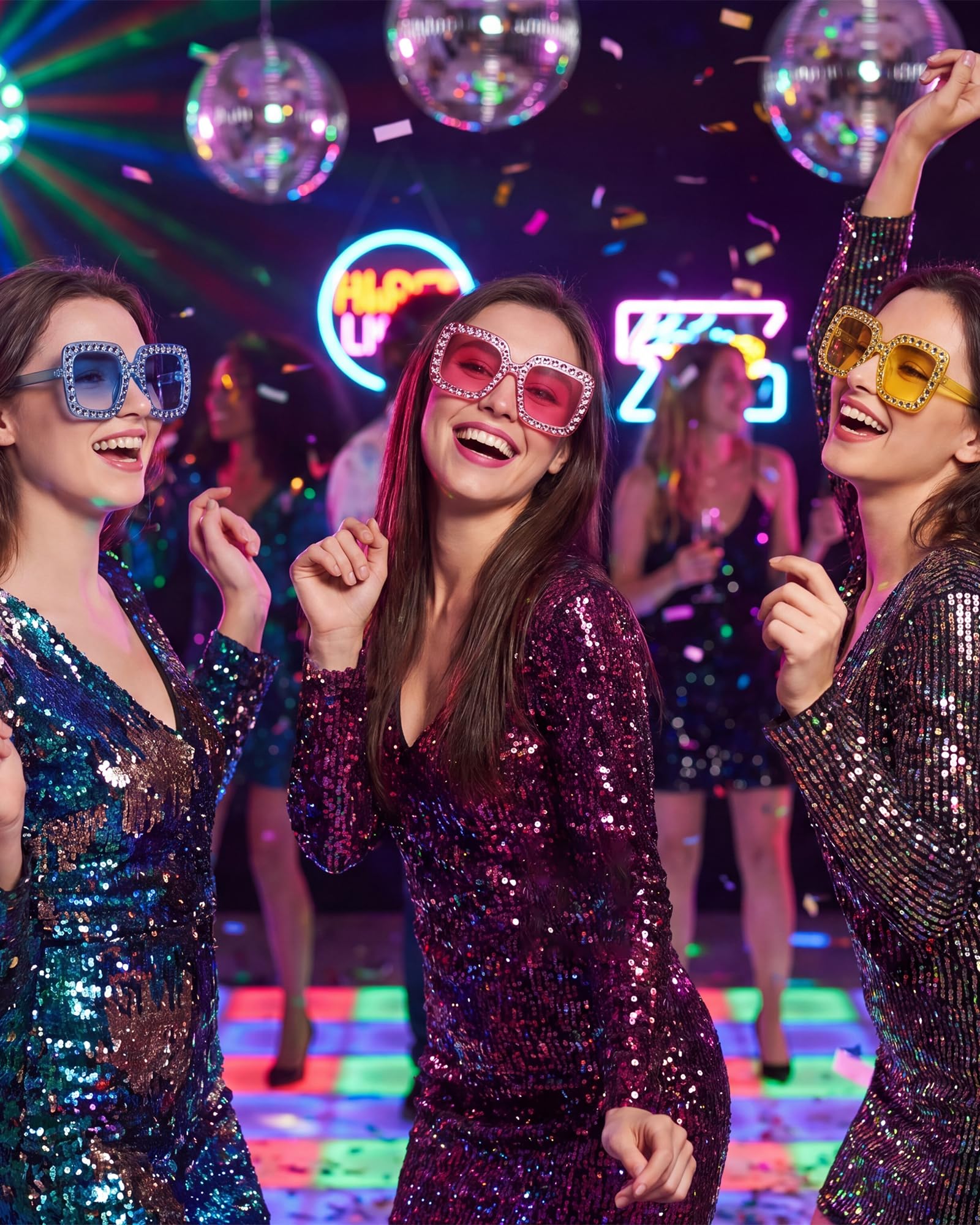 Pibupibu Lot de 48 lunettes de soleil classiques et pailletées disco surdimensionnées en cristal style années 70 avec strass