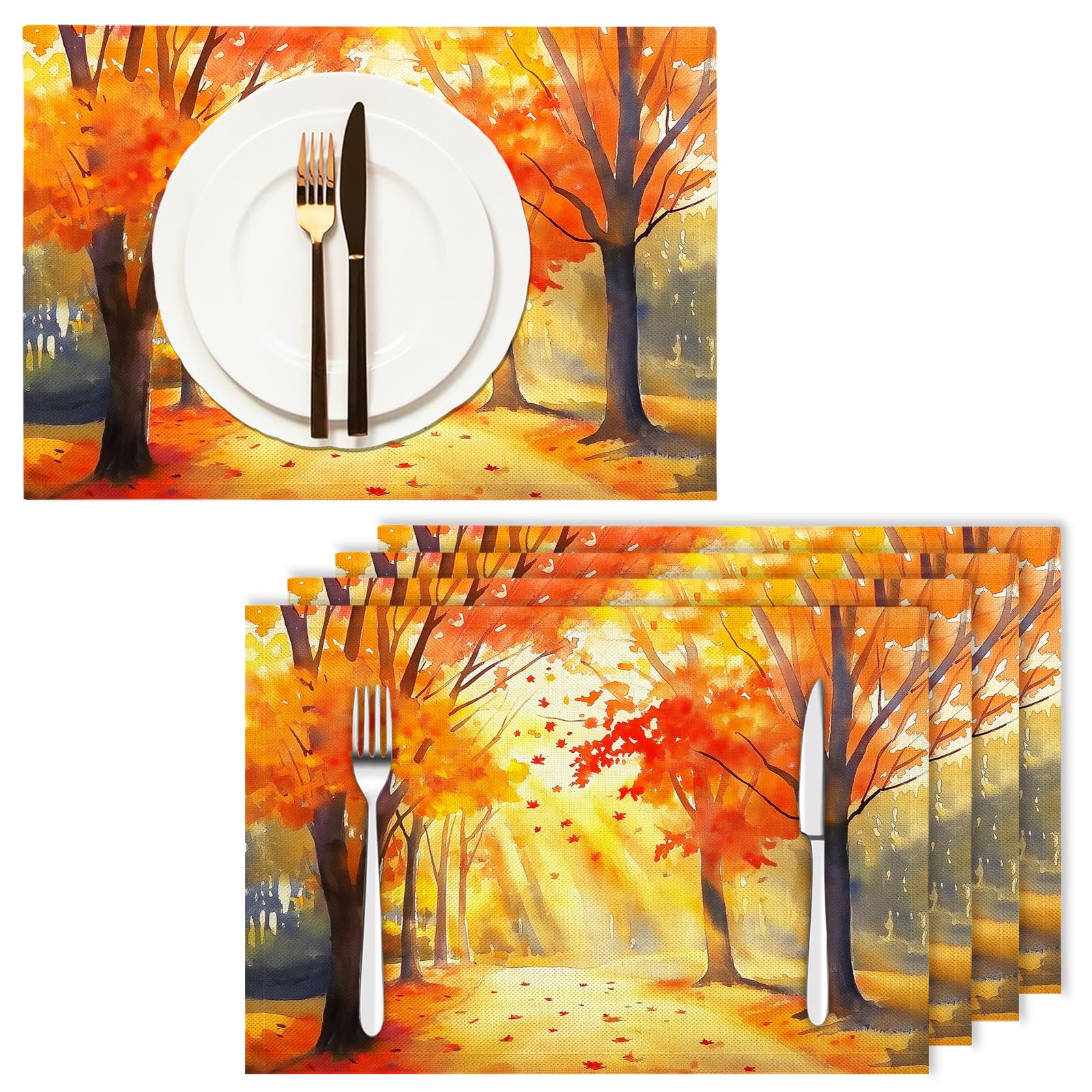 30×45cm Tovaglietta Americana Acquerello in Cotone Lino Rettangolare - Tovagliette Set di 8 Alberi autunnali Resistente al Calore per La Cucina, Il L'Ufficio