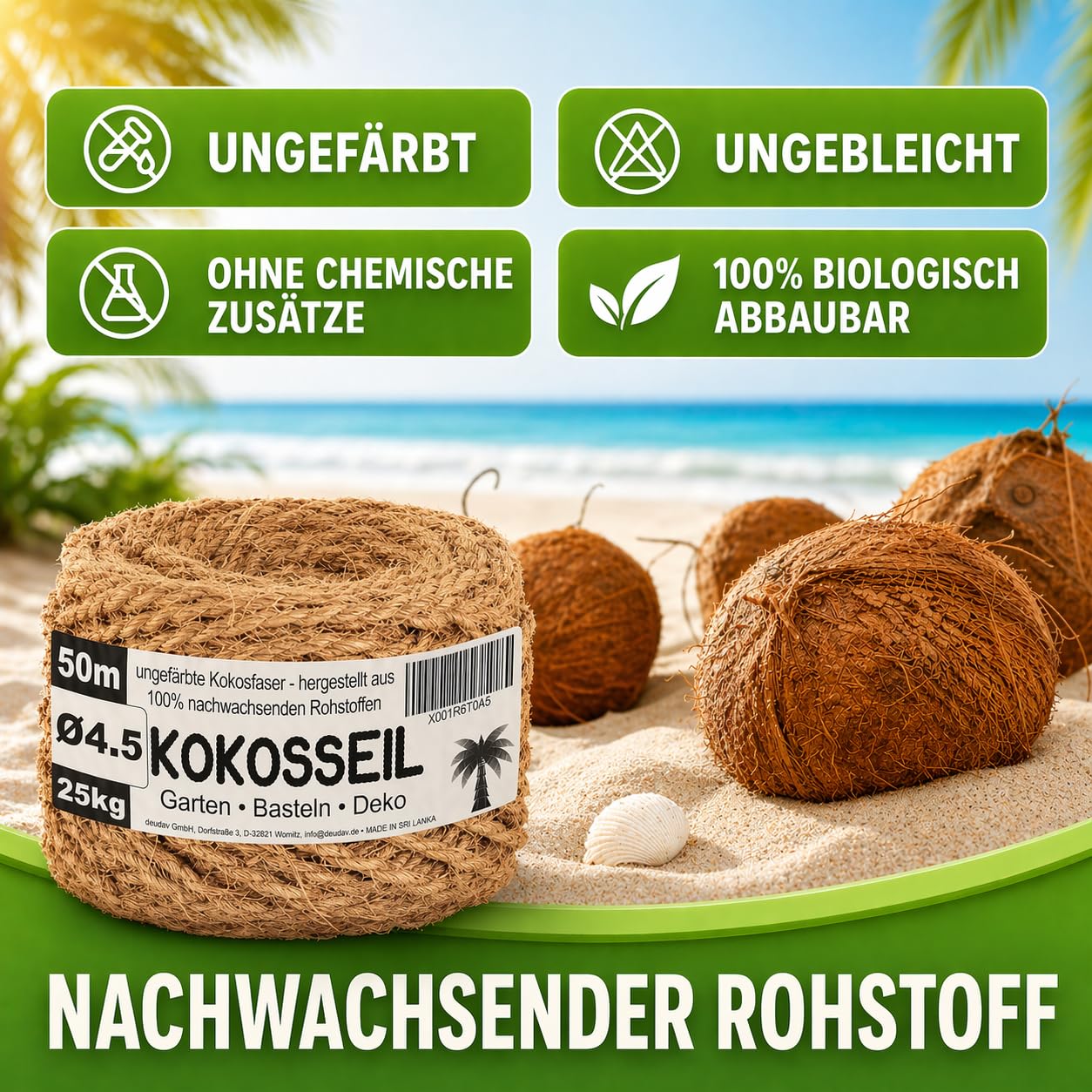 Corde en Fibre de Coco 4,5 mm x 50 m - Ficelle pour Jardinage, Bricolage et Décoration - Corde Arbre à Chat, Ficelle Jardin, Attache Tomate, Tuteur Arbre - Charge maxi : 25 kg