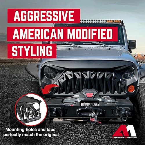 Miniatura 5 de American Modified Aggressive Front Shark Grille compatible con Jeep Wrangler 2007 a 2018, JKJKU, Rubicon y modelos deportivos Sahara, negro mate