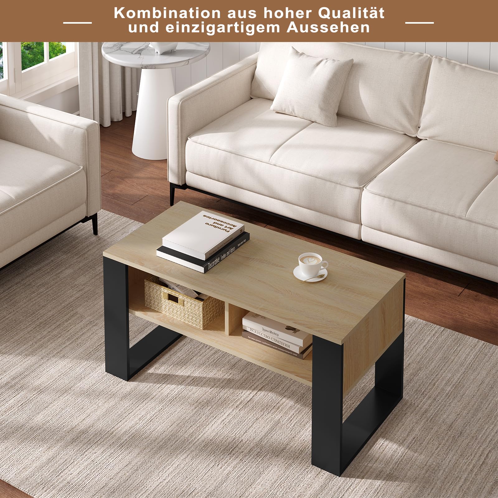WOLTU Couchtisch mit Stauraum, Beistelltisch fürs Wohnzimmer, Wohnzimmertisch modern, rechteckiger Kaffeetisch Sofatisch, 2 offene Fächer, helle Eiche Schwarz, BTS16hei