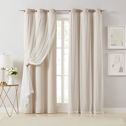 Miniatura 1 de Bujasso Cortinas beige 90% opacas con superposición transparente, mezcla y combina con paneles de ventana de doble capa con aislamiento térmico de