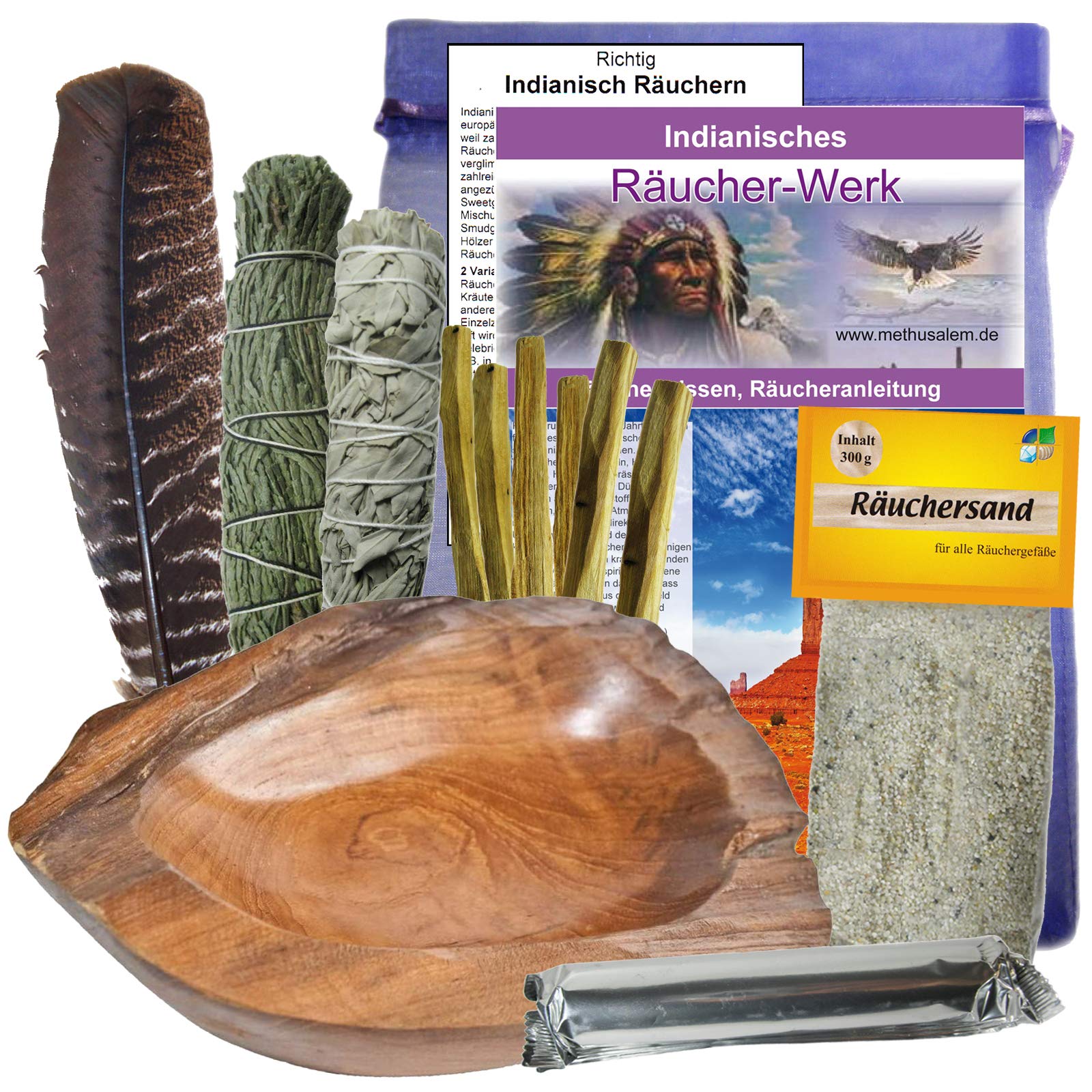 Smudge Kit & Bowl (XL) Wurzel Holz RÄUCHERSCHALE 16-TLG Set mit Räucherwerk SAGE Salbei Zeder Palo-Santo zum RÄUCHERN für Hausreinigung & Rauhnächte + Räucherfeder + ZUBEHÖR. 81007-7XL