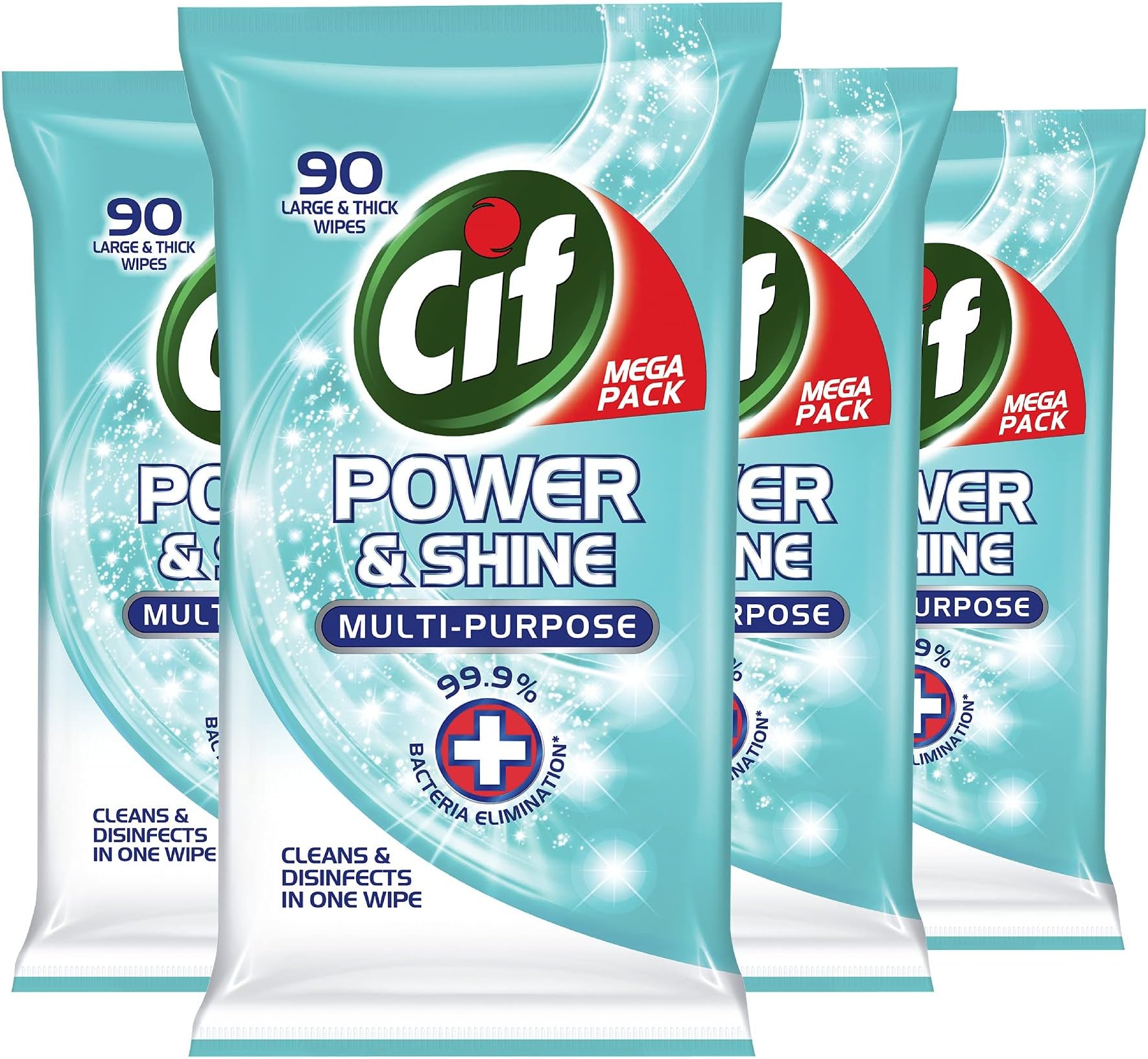 Cif Power & Shine Antibacterial Eliminate 99.9% of Bacteria* Cleaning Wipes Multi-purpose Wipes for A Beautifully Clean Home (4 x 90 Wipes)