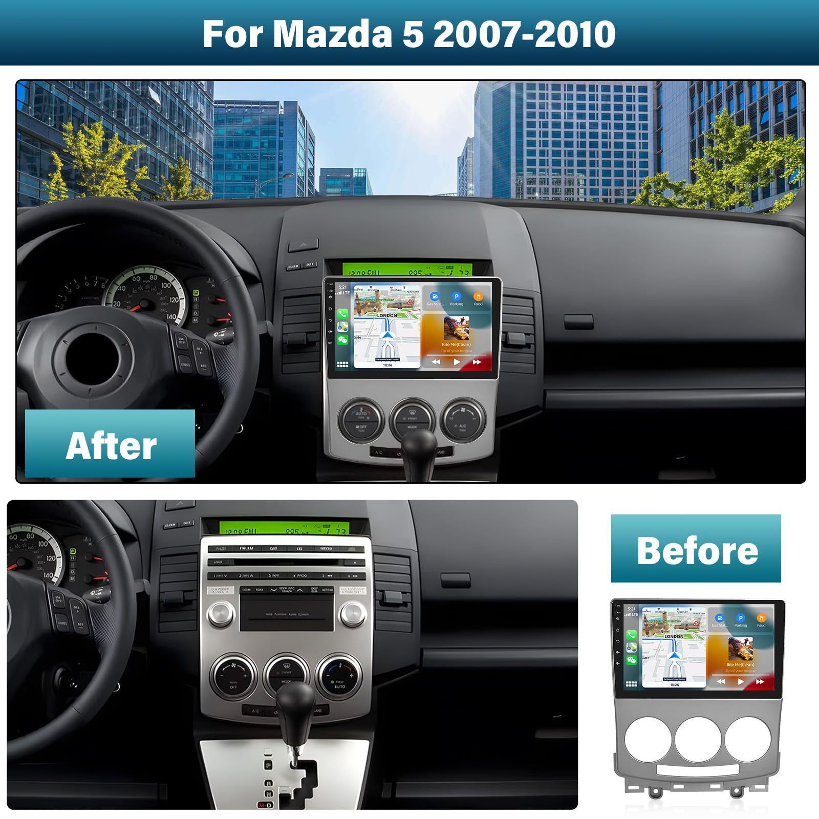 SIXTOP 2G+64G Android Radio de Coche para Mazda 5 2007 2008 2009 2010 con Carplay Android Auto Pantalla Radio Coche 9 Pulgadas con WiFi/GPS/Bluetooth/FM RDS/Mirror Link/EQ/SWC/Cámara Trasera Coche