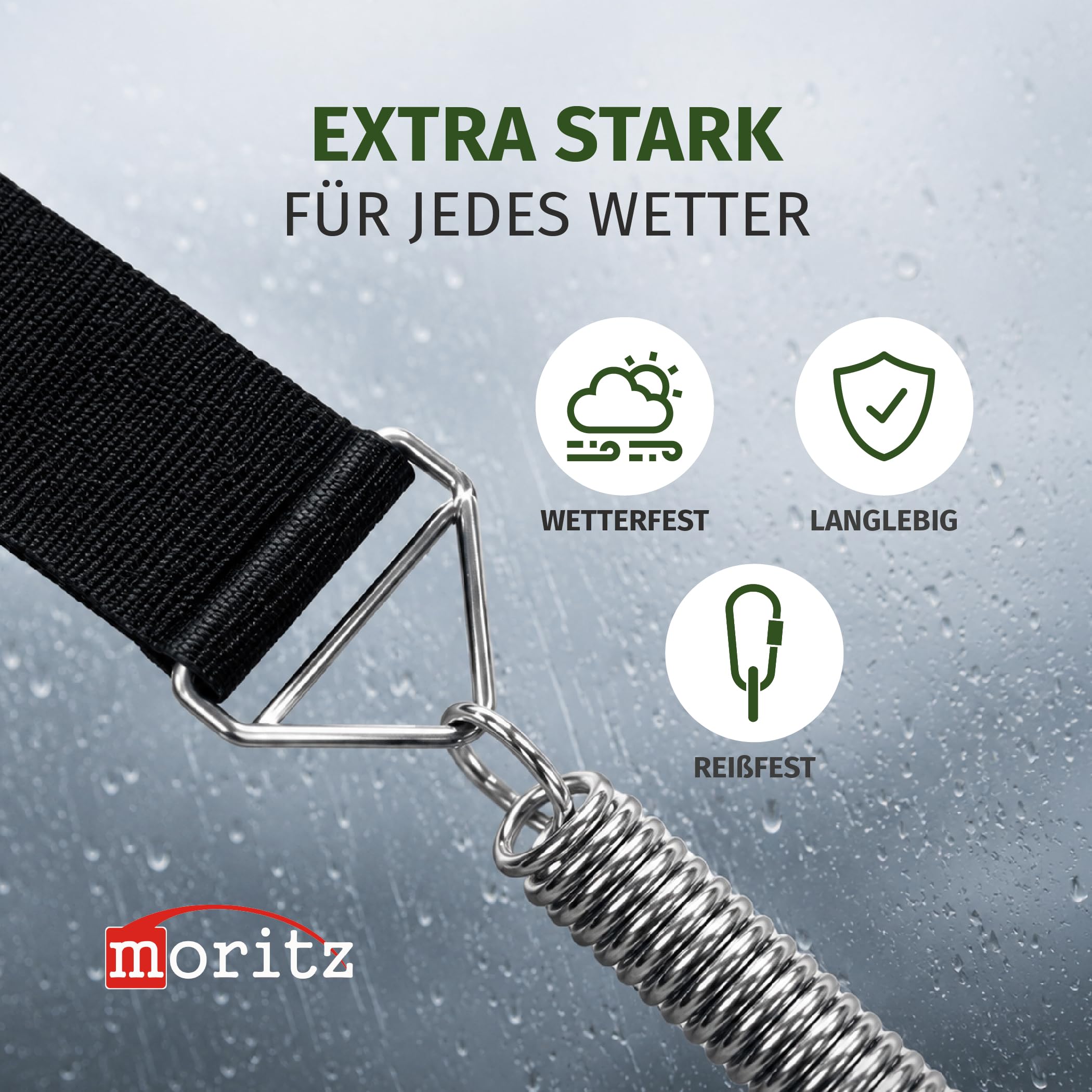 Moritz Correa de seguridad para tormentas de 13 m – Kit de sujeción para camping con resorte y clavijas – Juego de cuerdas para toldo, sombrilla, caravana y autocaravana – Resistente a la intemperie