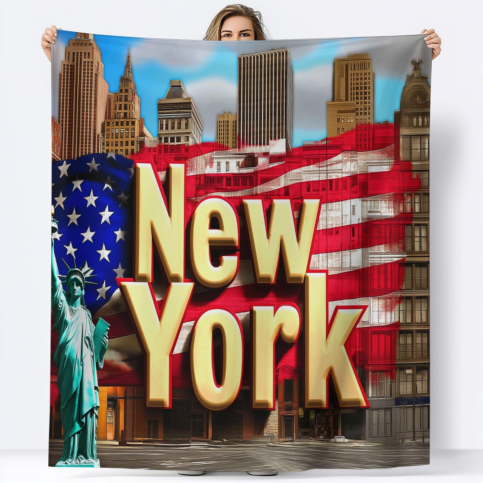 Koc w kratę 3D, tekst New York, duży rozmiar, miękki i ciepły flanelowy koc, wygodny dla dzieci i dorosłych, 220 x 240 cm